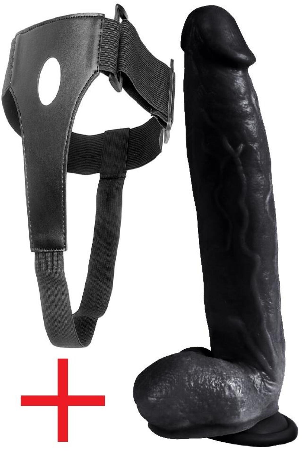 Lolita Shop Gerçekçi Doku Kemerli Kalın 31 Cm Siyah Penis Belden Bağlamalı Vantuzlu Realistik Takma Dildo