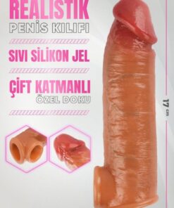 Lolita Shop Kalınlaştırıcı Çift Katmanlı 17 Cm Sıvı Silikon Genişletici Testise Geçirmeli Realistik Penis Kılıfı