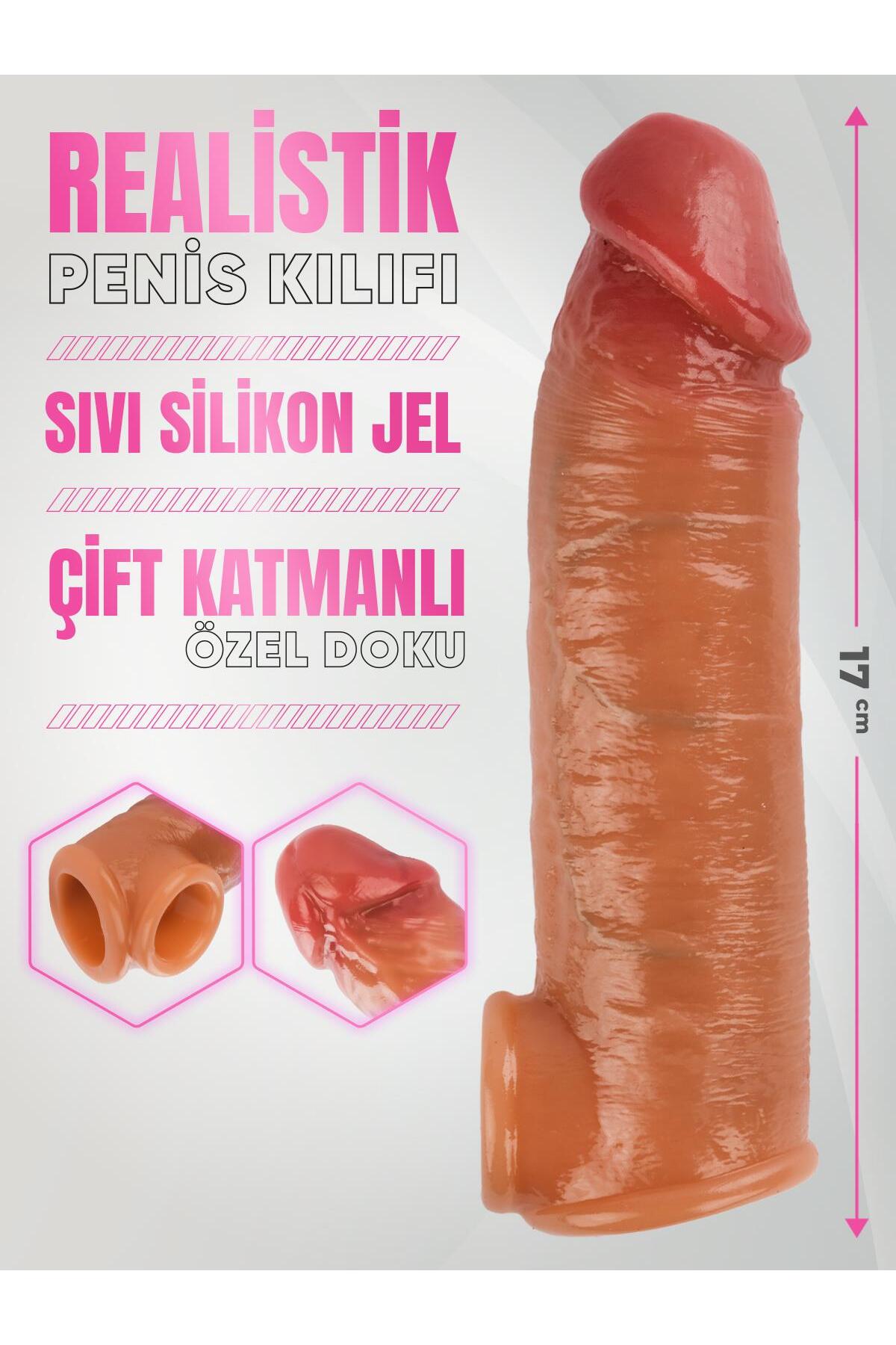 Lolita Shop Kalınlaştırıcı Çift Katmanlı 17 Cm Sıvı Silikon Genişletici Testise Geçirmeli Realistik Penis Kılıfı