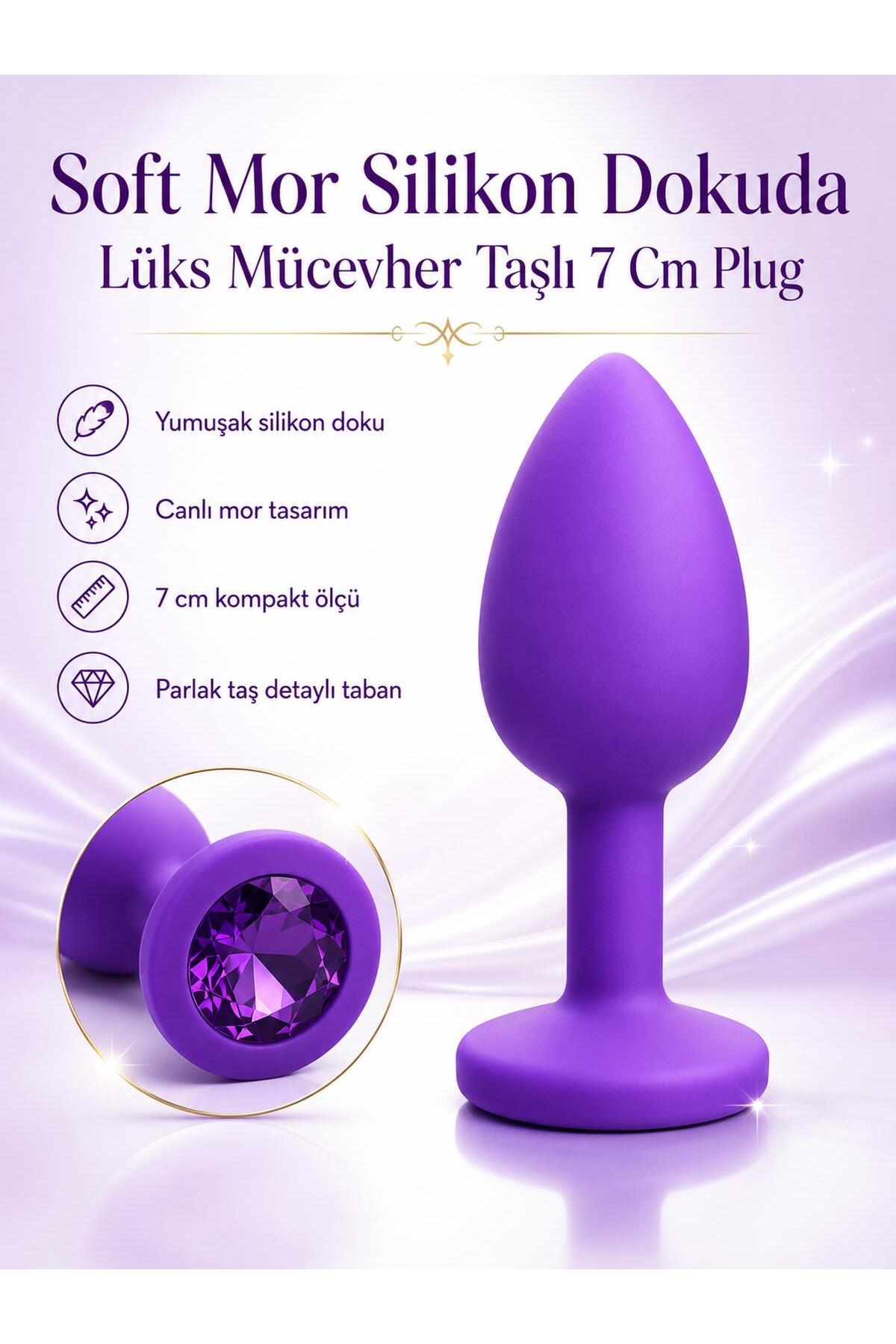 Lolita Shop Mor Silikon Soft Doku Lüks Mücevher Mor Taşlı 7 Cm Açıcı Anal Alıştırıcı Tıpa Genişletici Tıkaç Plug