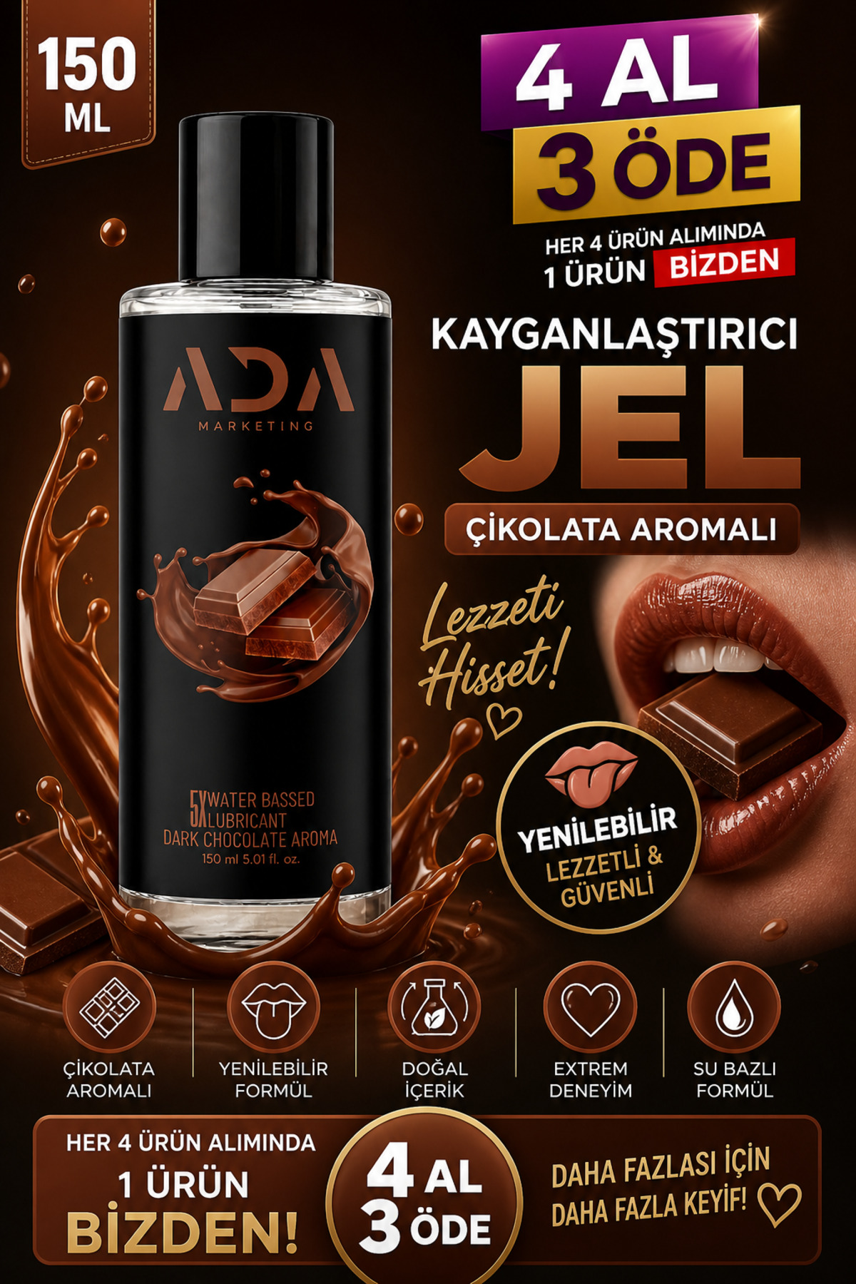 Ada Marketing 150 ml Çikolata Aromalı Yoğun Kayganlaştırıcı Jel – Uzun Süreli Pürüzsüz ve Kontrollü Kullanım