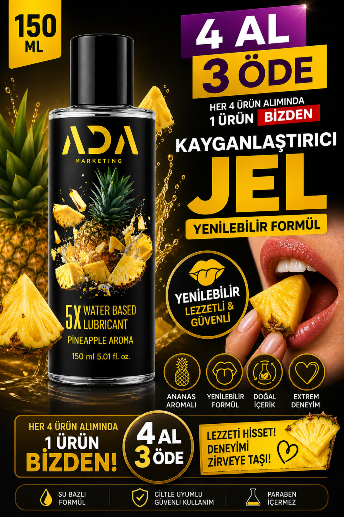 Ada Marketing 150 ml Ananas Aromalı Su Bazlı Kayganlaştırıcı Jel – Yoğun ve Uzun Süreli