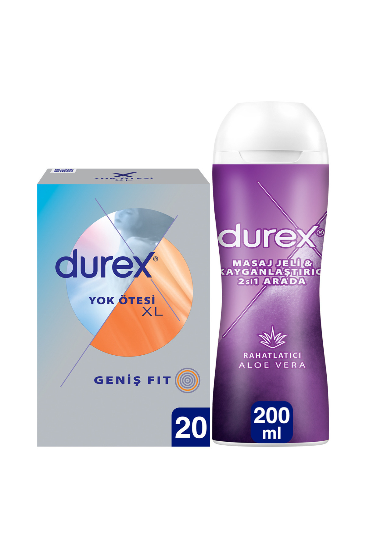 Durex Yok Ötesi XL İnce Prezervatif 20'li, Geniş + Aloe Vera 2si1 Arada Kayganlaştırıcı & Masaj Jeli 200ml