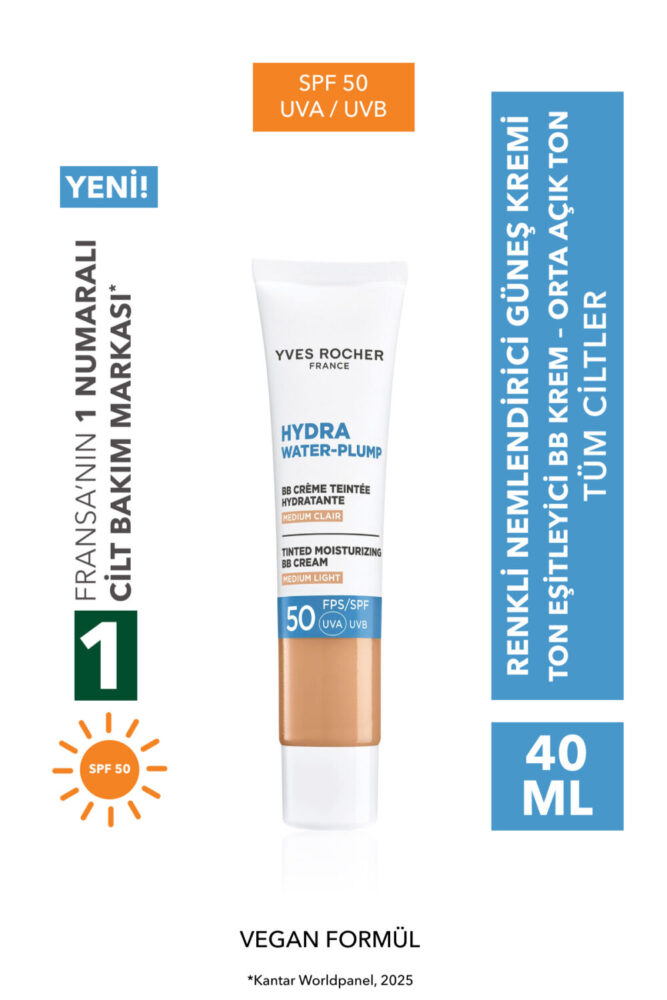 Yves Rocher BB Krem 50 SPF - Ton Eşitleyici Renkli Nemlendirici Güneş Kremi - Hydra Water Plump - Açık Orta 40ML