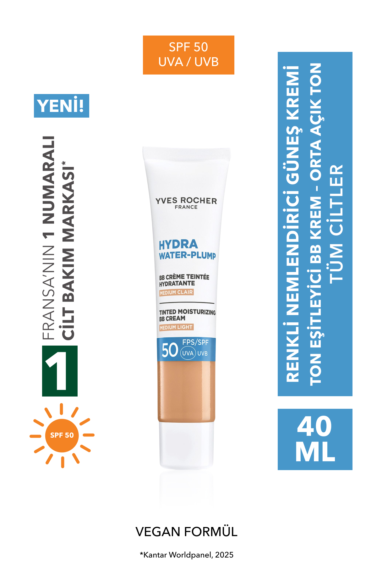 Yves Rocher BB Krem 50 SPF - Ton Eşitleyici Renkli Nemlendirici Güneş Kremi - Hydra Water Plump - Açık Orta 40ML