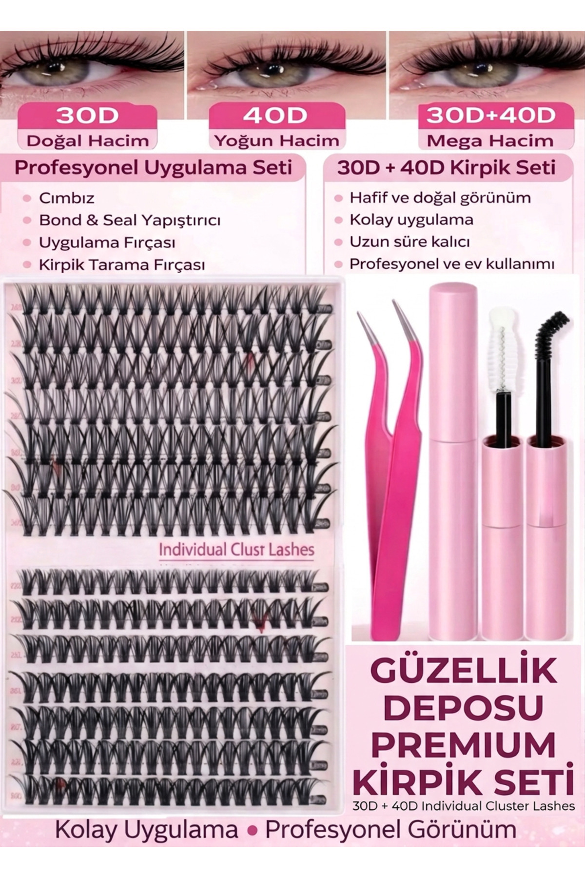 Güzellik Deposu Takma Kirpik Seti -40D - 60D (10-16mm) Yapıştırıcı, Sabitleyici, Çıkarıcı ve Cımbız Full Set