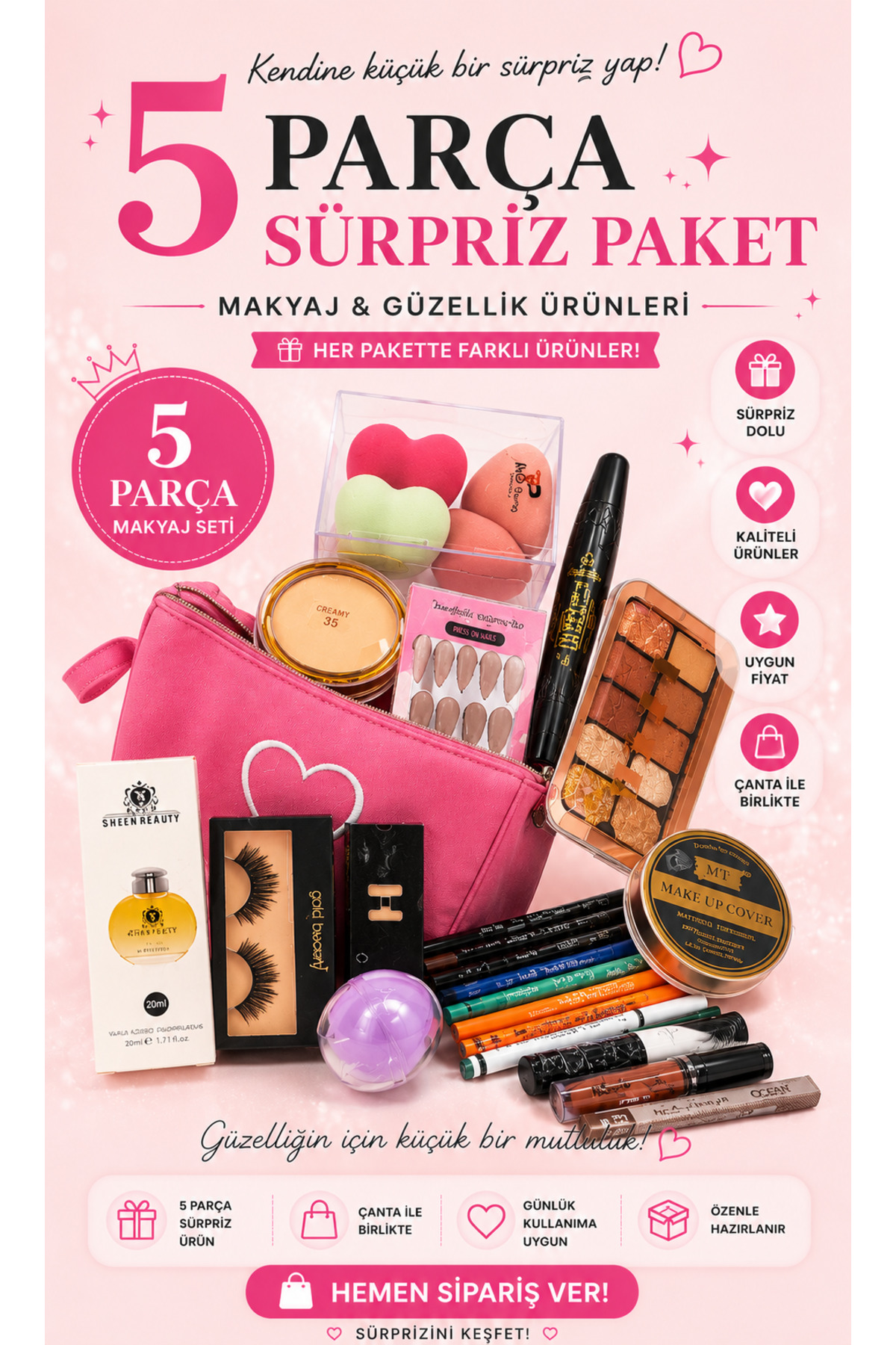 MAQYA Cosmetics KADINLARA ÖZEL 5 FARKLI ÜRÜN SÜPRİZ HEDİYE MAKYAJ SETİ/FAR/RUJ/GÖZ KALEMİ/MAKYAJ SÜNGERİ