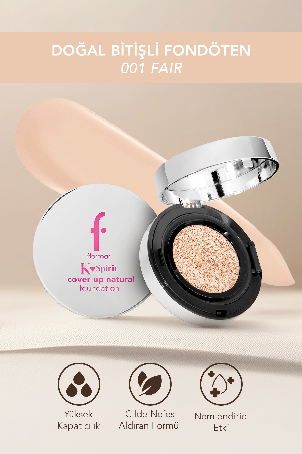 Flormar K-Spirit Cover Up Yoğun Kapatıcı Pürüzsüz Doğal Bitişli Cushion Fondöten - 001 Fair