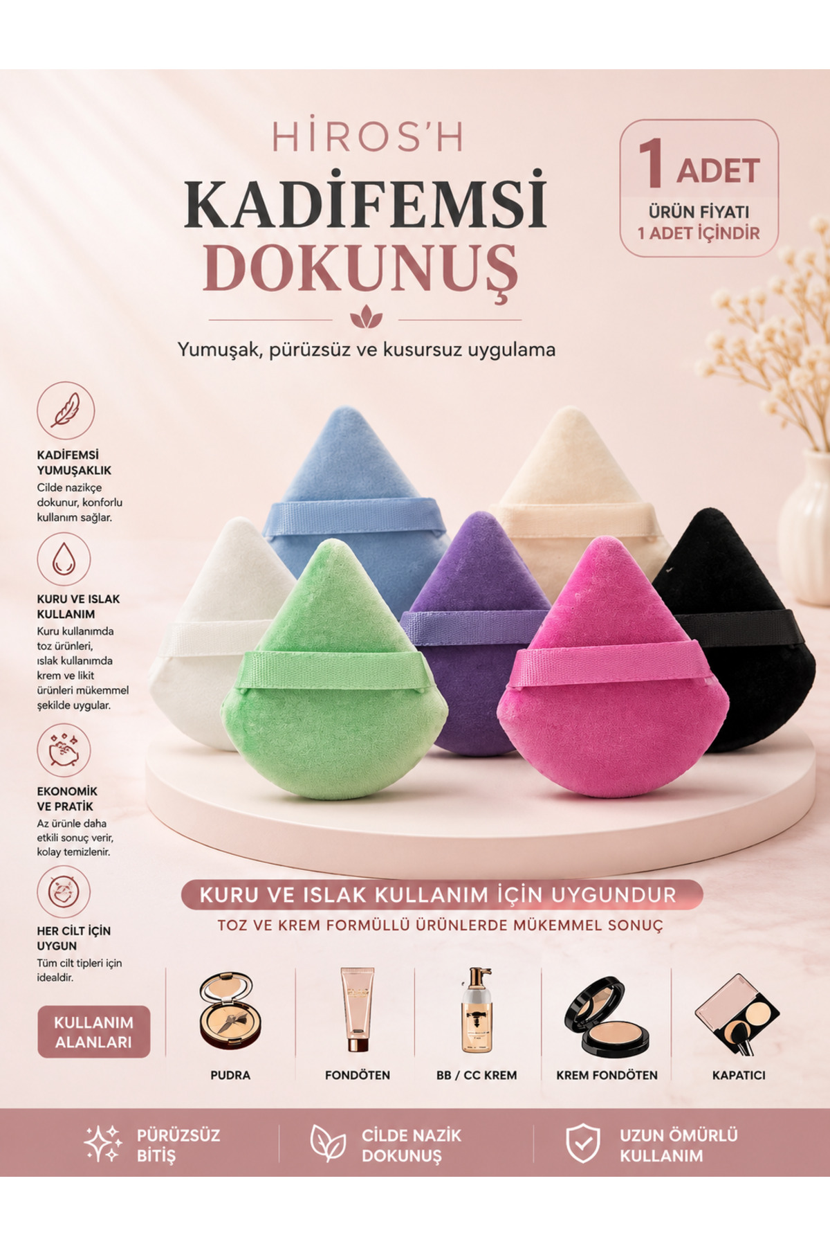HİROS'H 1 Adet Üçgen Pudra Fondöten Bb Krem Uygulama Süngeri Yıkanabilir Makyaj Süngeri