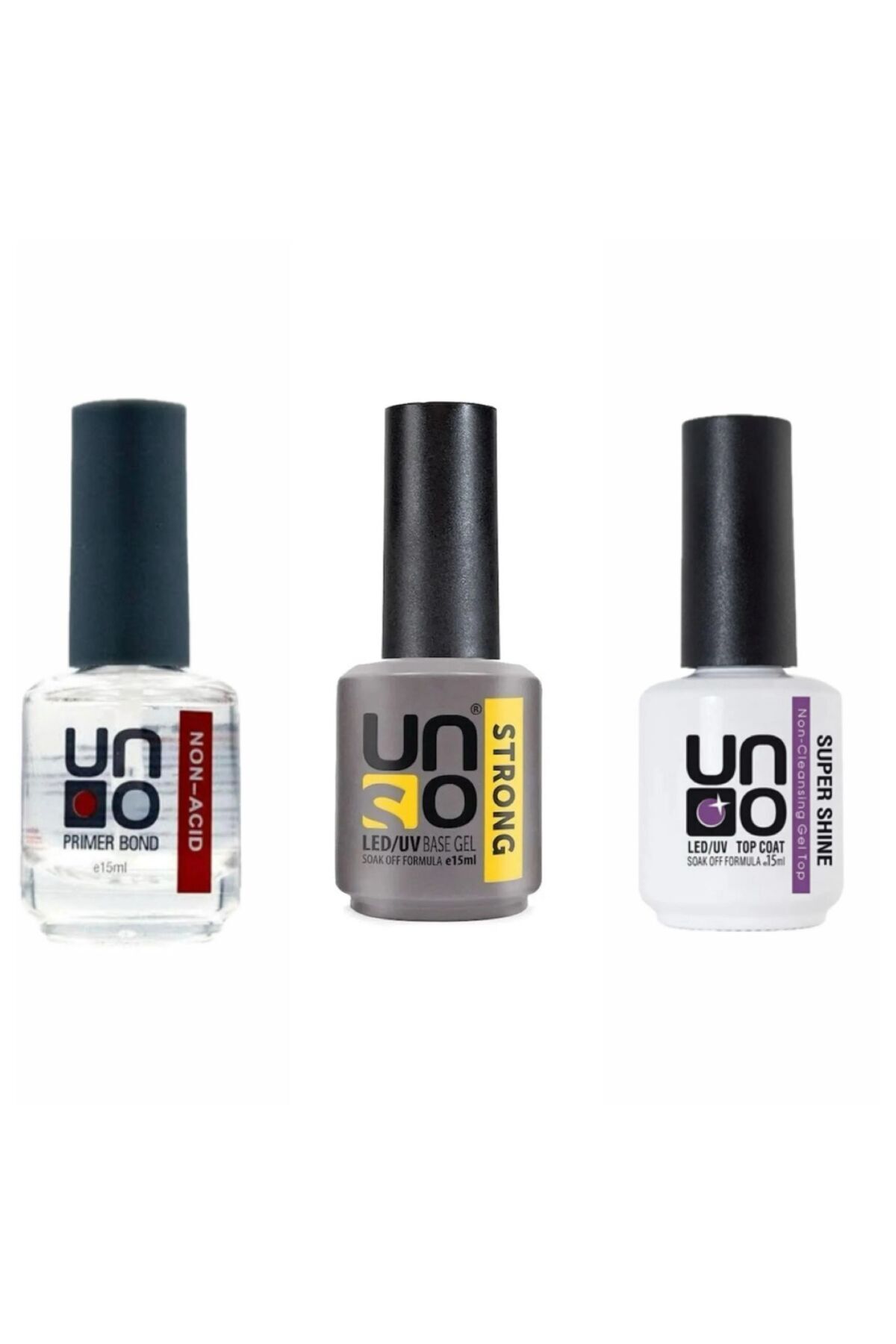 QNAİL PROFESSİONAL Uno Non-Acid Primer Bond 15 Ml Primer+Uno Strong Base Coat 15 ml+Uno Top Coat 15 ml Super Shıne