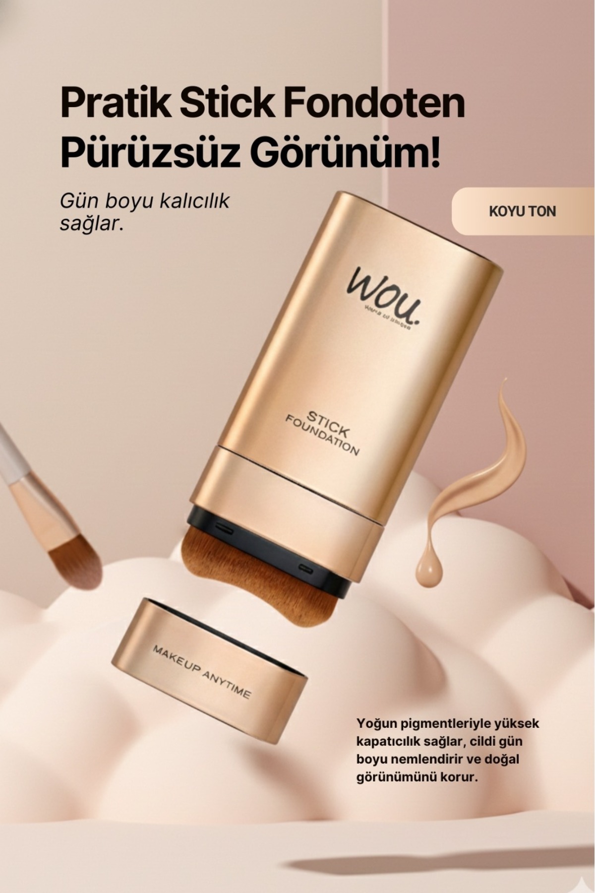 WOU World of Unique Stick Fondöten, Fırçalı Pratik Kapatıcı, 2 in 1, 20 gr, Koyu Ton - Görsel 3