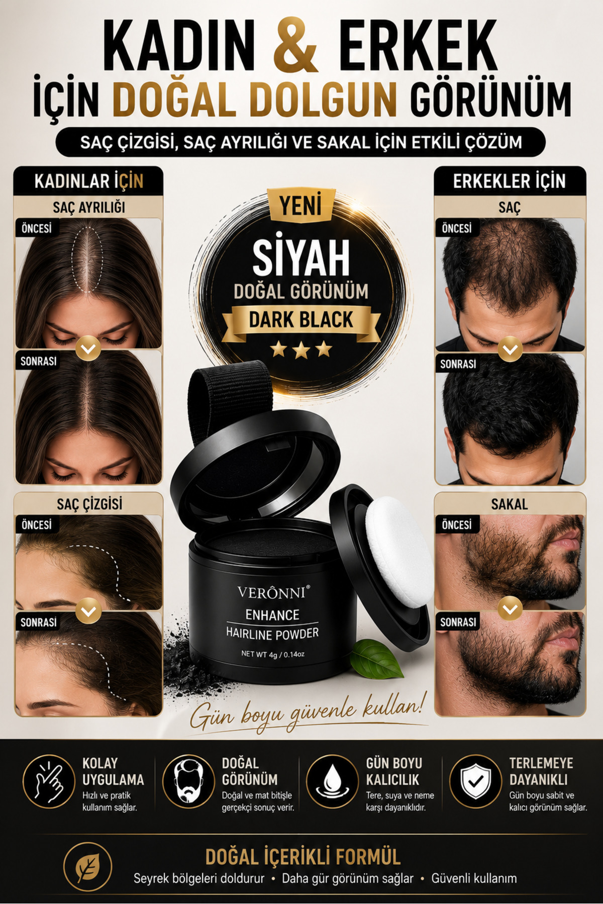 DERMAES beauty Yeni Nesil Saç Dolgunlaştırıcı Siyah Pudra Seyrek Sakal Saçlar için Saç Fiberi / Saç Ve Beyaz Kapatıcı Suda Çıkmaz
