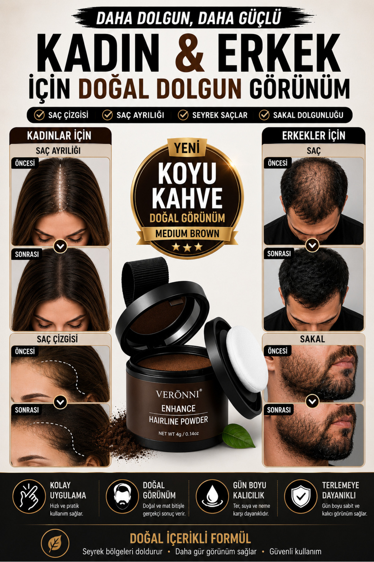 DERMAES beauty Yeni Nesil Saç Dolgunlaştırıcı Pudra Seyrek Sakal Saçlar için Saç Fiberi / Saç Ve Beyaz Kapatıcı Suda Çıkmaz KOYU KAHVE Pudra Seyrek