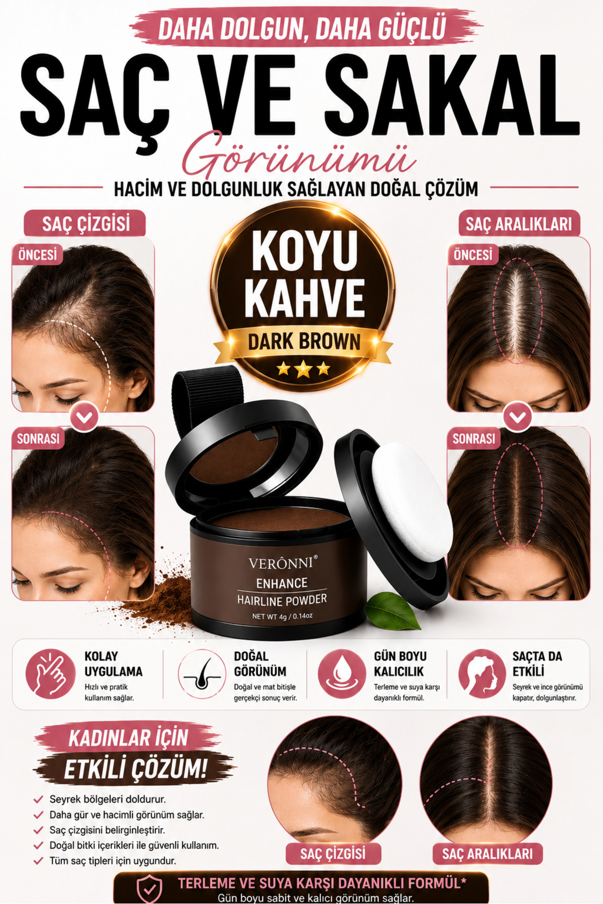 DERMAES beauty Yeni Nesil Saç Dolgunlaştırıcı Pudra Seyrek Sakal Saçlar için Saç Fiberi / Saç Ve Beyaz Kapatıcı Suda Çıkmaz KOYU KAHVE Pudra Seyrek - Görsel 3