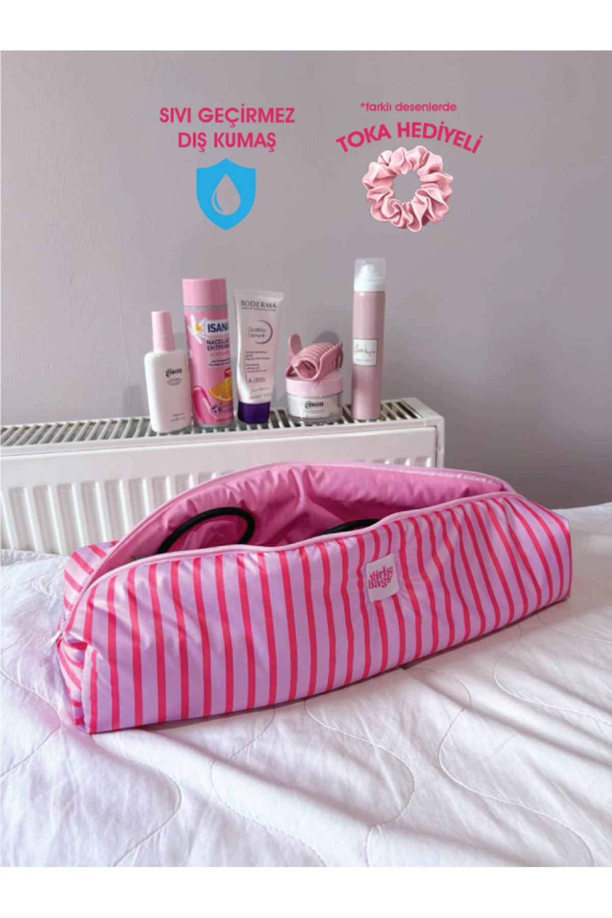 girlsybags Pembe Çizgili Saç Maşa Düzleştirici Çantası Sıvı Geçirmez Airwrap Airstrait Uyumlu Seyahat Çantası
