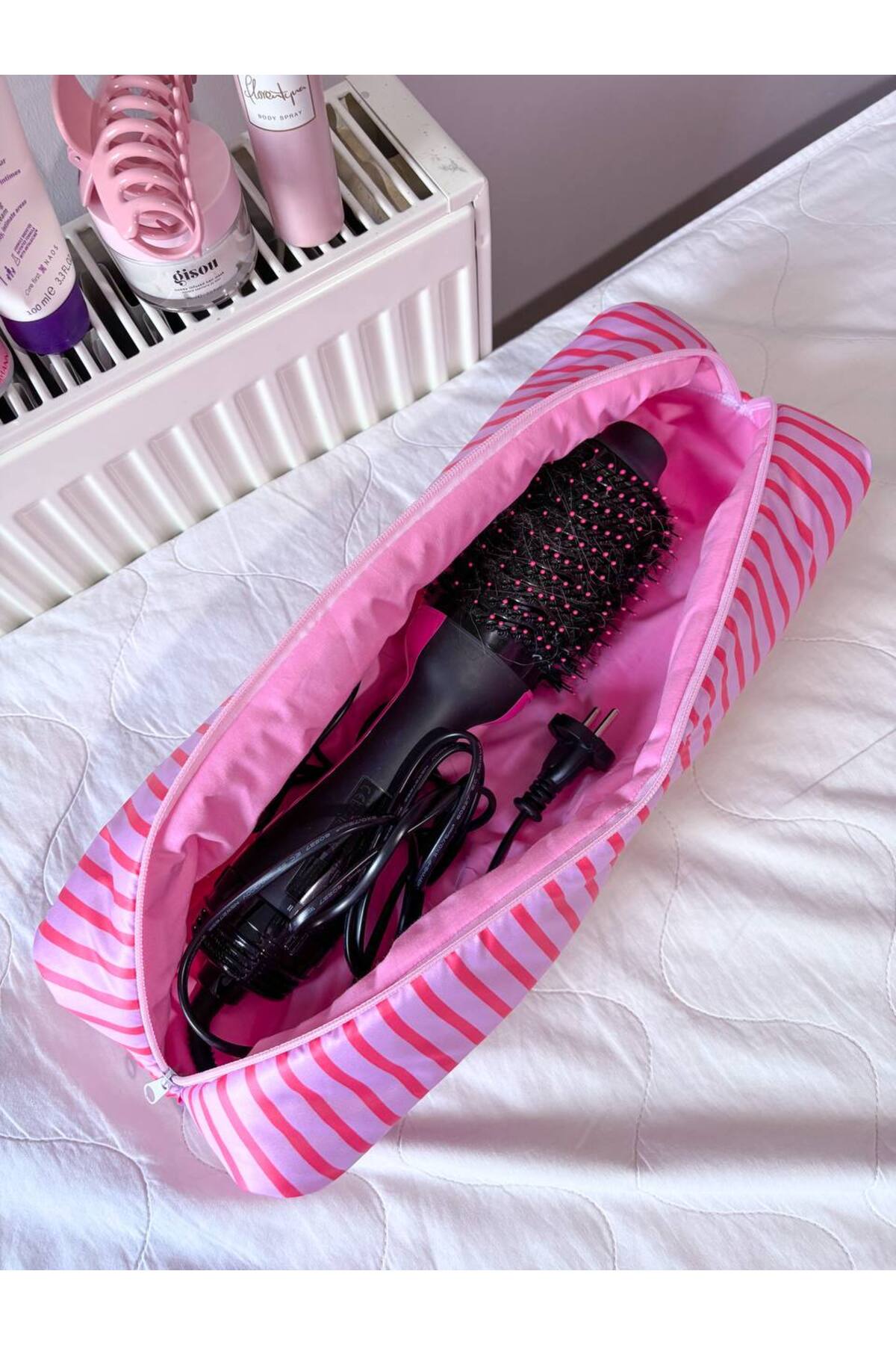 girlsybags Pembe Çizgili Saç Maşa Düzleştirici Çantası Sıvı Geçirmez Airwrap Airstrait Uyumlu Seyahat Çantası - Görsel 3