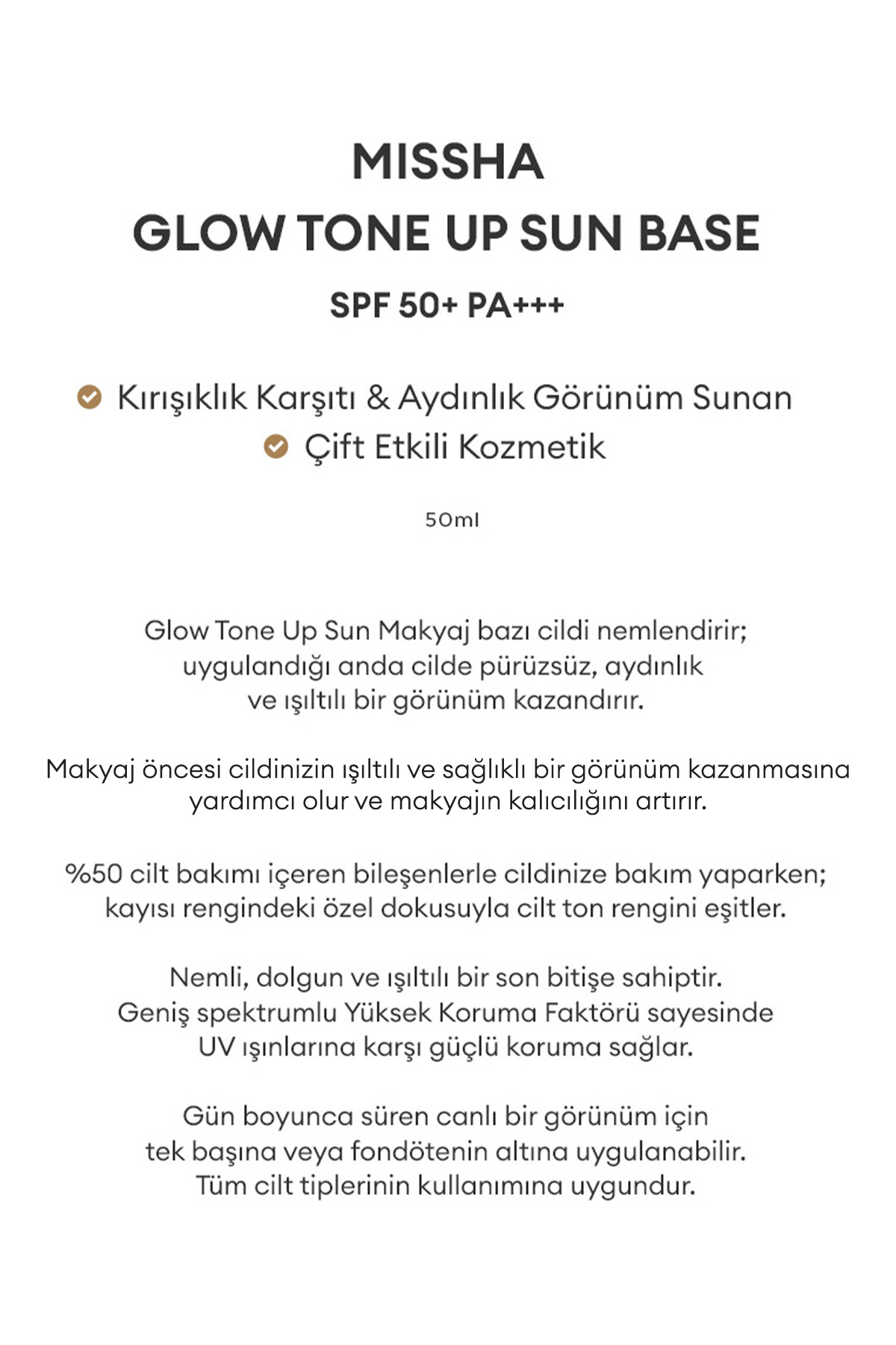 Missha Pürüzsüz, Aydınlık ve Işıltılı Görünüm Sunan Makyaj Bazı 50ml Glow Tone Up Sun Base SPF50+/PA++++ - Görsel 3