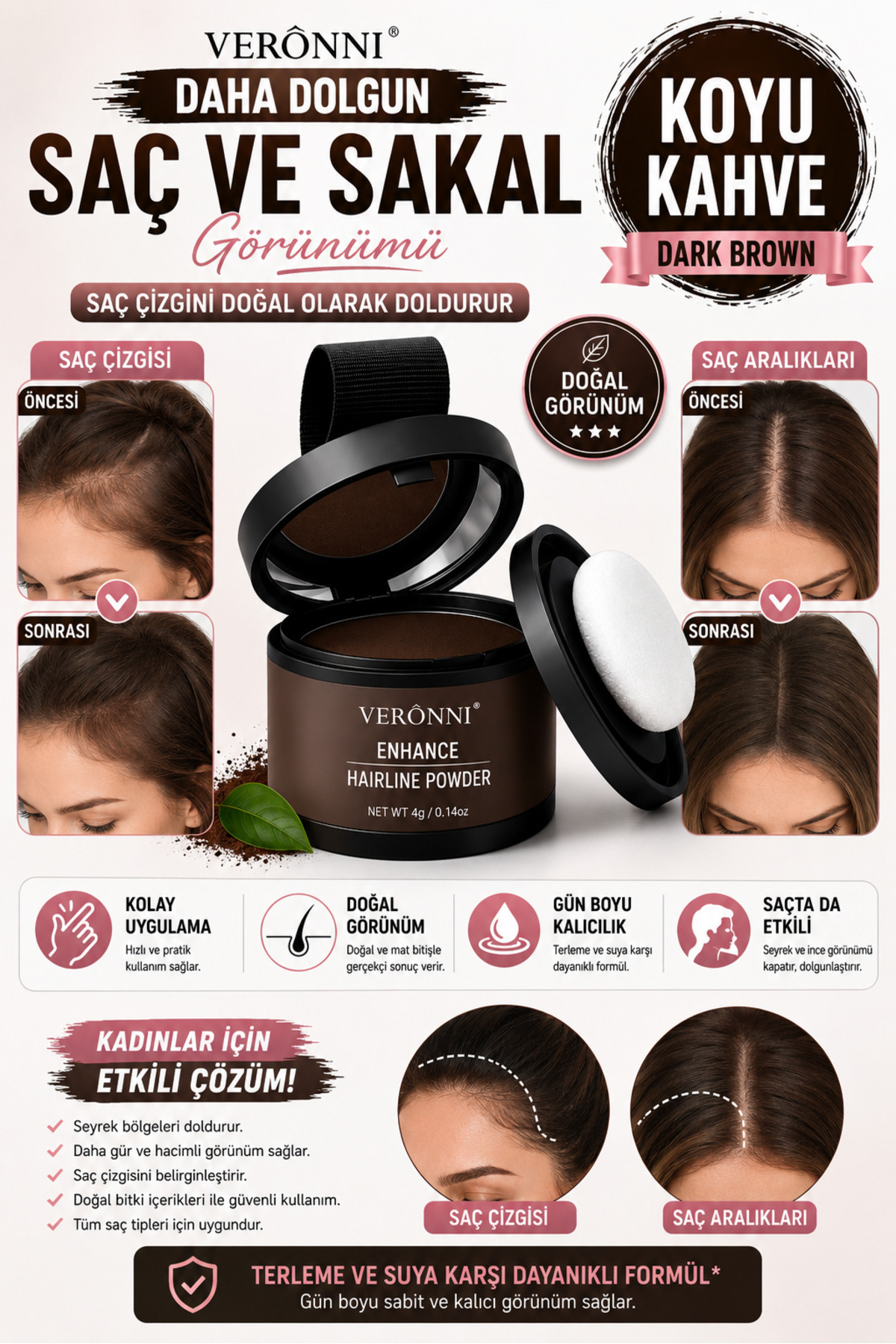DERMAES beauty Yeni Nesil Saç Dolgunlaştırıcı Pudra Seyrek Sakal Saçlar için Saç Fiberi / Saç Ve Beyaz Kapatıcı Suda Çıkmaz ORTA KAHVE Pudra - Görsel 3