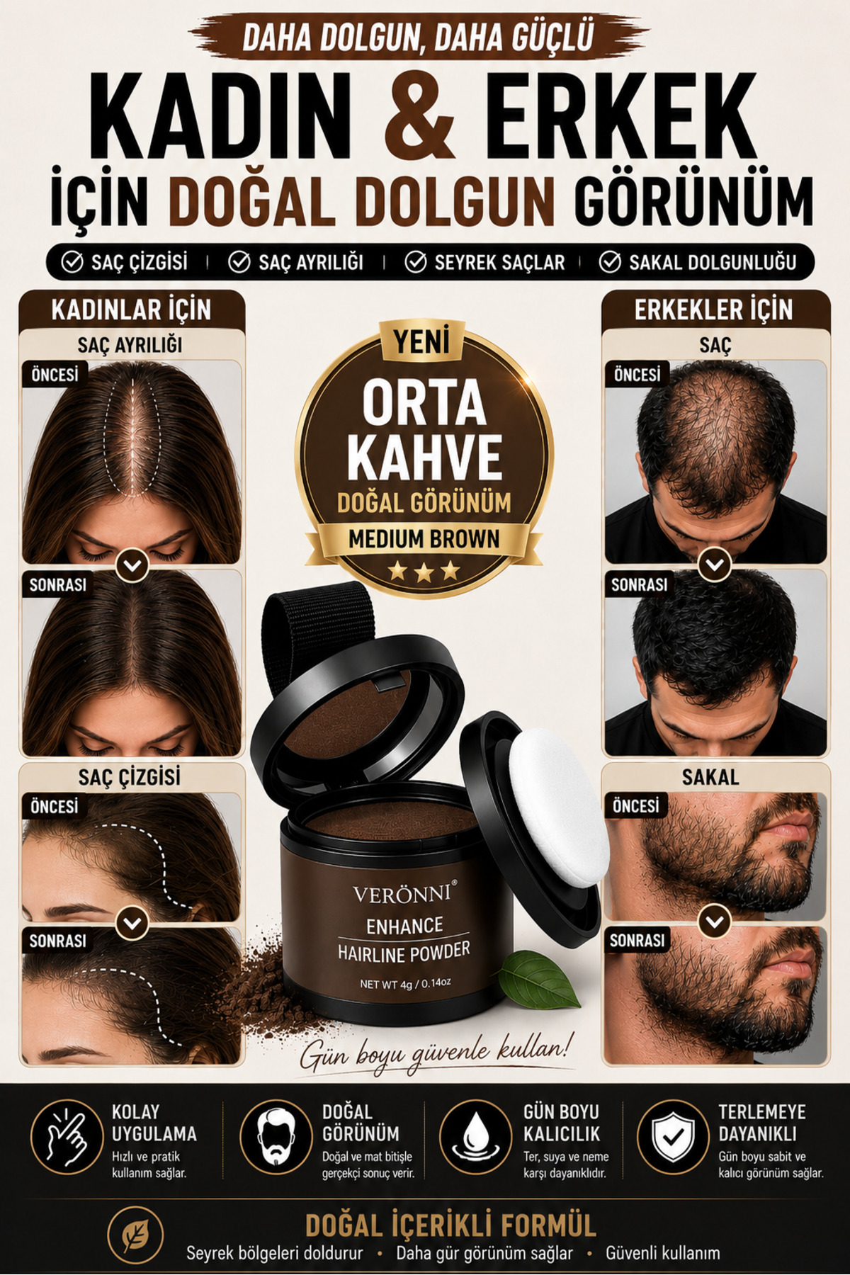 DERMAES beauty Yeni Nesil Saç Dolgunlaştırıcı Pudra Seyrek Sakal Saçlar için Saç Fiberi / Saç Ve Beyaz Kapatıcı Suda Çıkmaz ORTA KAHVE Pudra