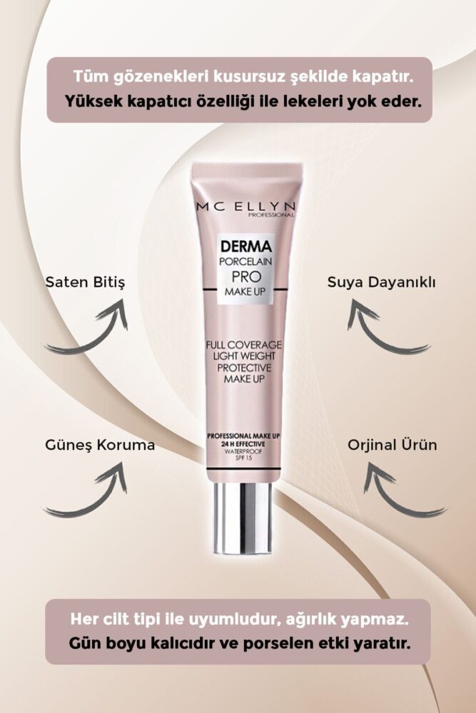 Mcellyn Saten Görünüm Porselen Fondöten Waterproof - 01 Açık Beyaz - Görsel 2