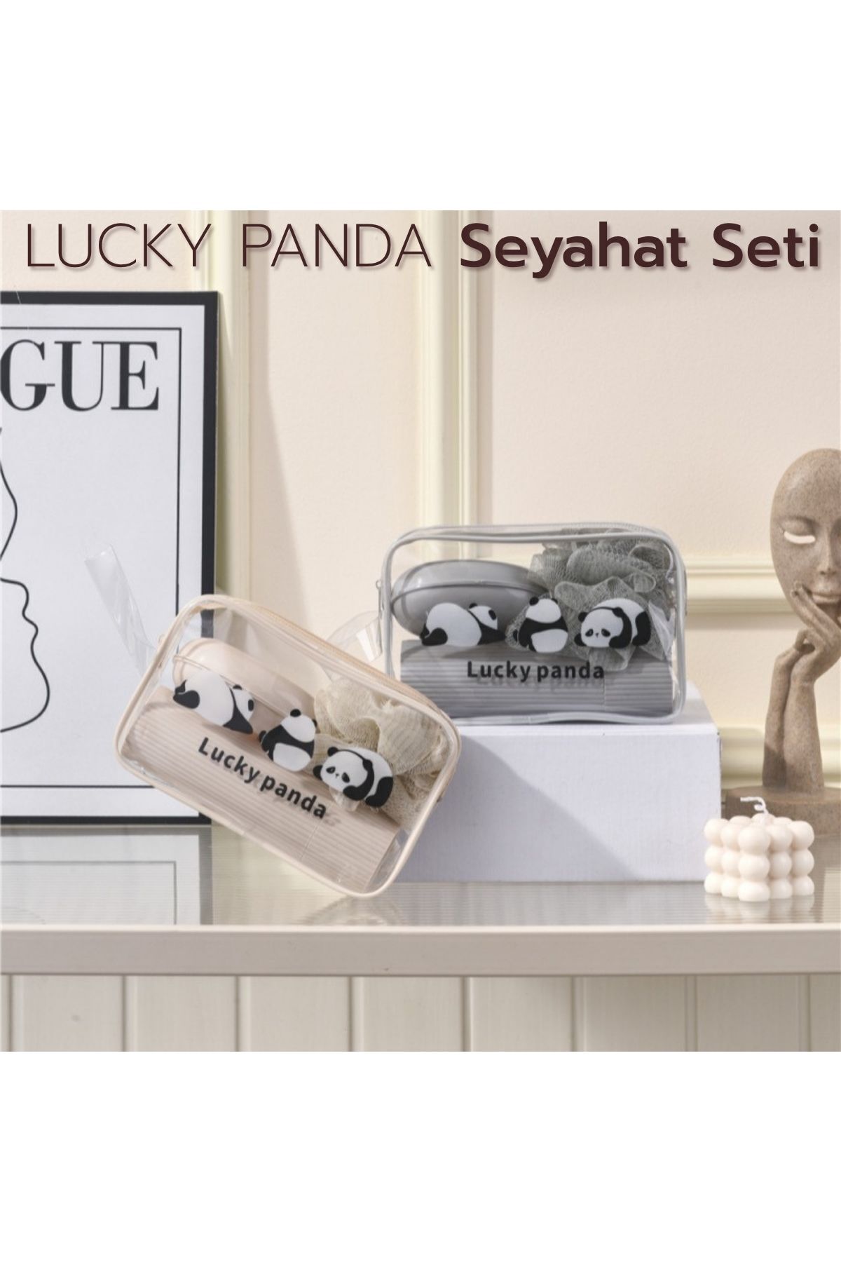 ARVALE LUCKY PANDA 5 Parça Seyahat Seti -Şeffaf Organizer Çanta ile Duş Lifi, Sabunluk, Tarak Seti