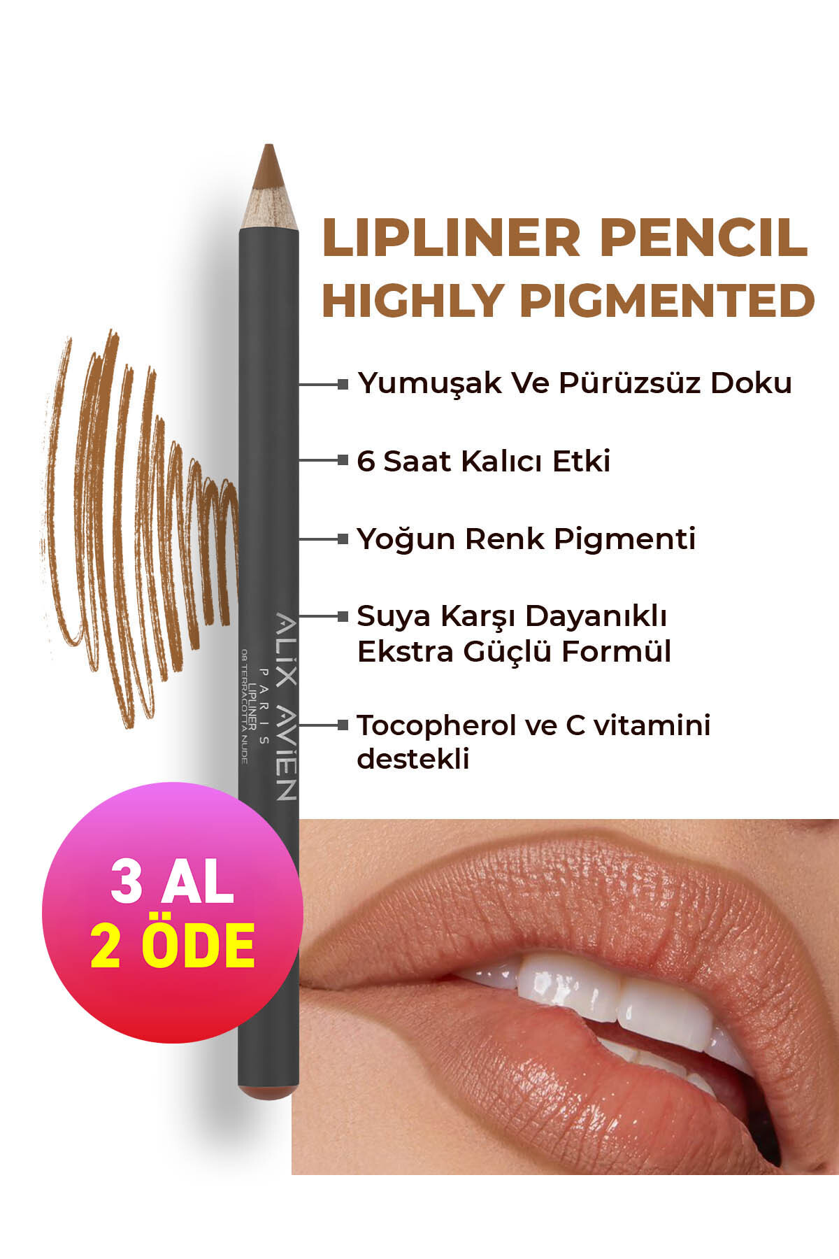 Alix Avien Uzun Süre Kalıcı Dağılma Yapmayan Nemlendirici Dudak Kalemi - Lipliner Pencil 08 Terracotta Nude