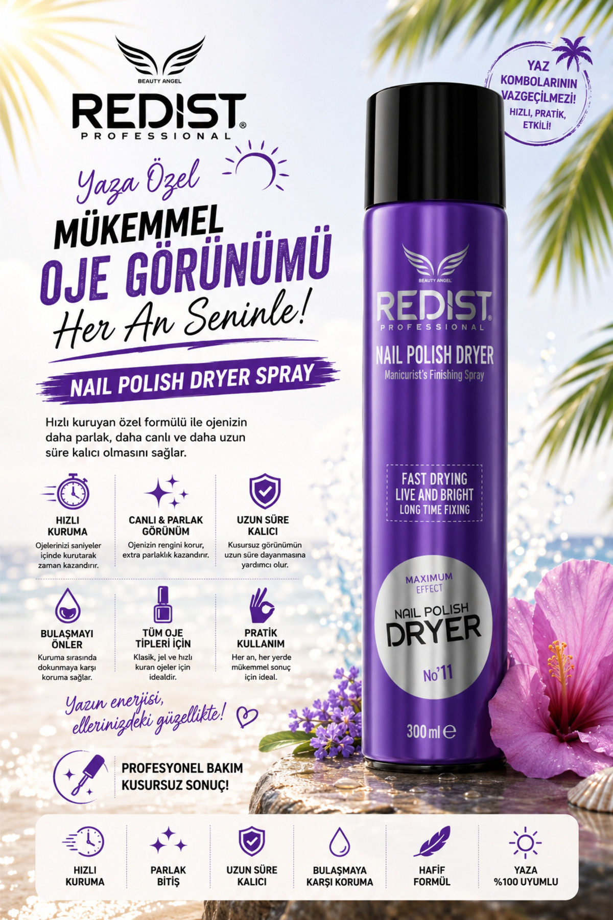 Redist Çok Hızlı Kurutan Oje Kurutucu Sprey 300 ml – Mükemmel Manikür Için Hızlı Çözüm -Vegan