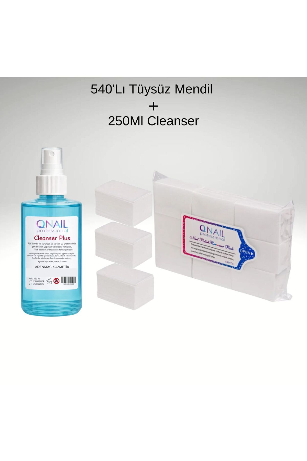 QNAİL PROFESSİONAL 540'Lı Tüysüz Protez Kalıcı Oje Manikür Temizleme Mendili Cleanser Yapışkanlık Temizleme Spreyi