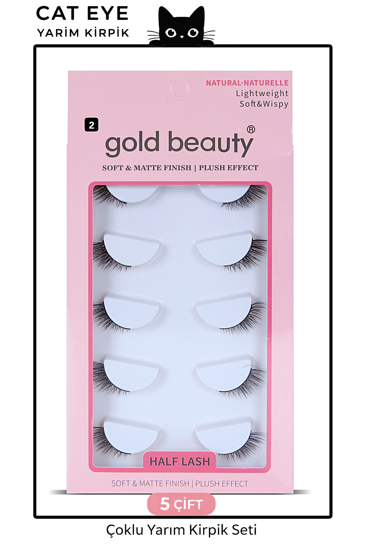 Gold Beauty 5 Çift Doğal Kedi Göz Takma İpek Kirpik Doğal Görünümlü Yarım Kirpik
