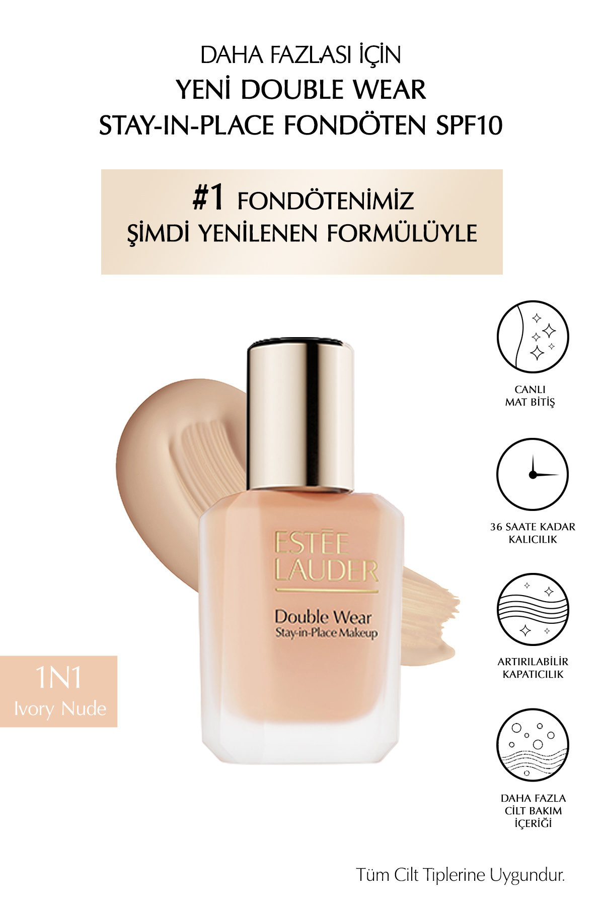 Estee Lauder Double Wear Stay-in-Place Fondöten SPF10 Canlı Mat Bitiş (1N1 IVORY NUDE) 30ml