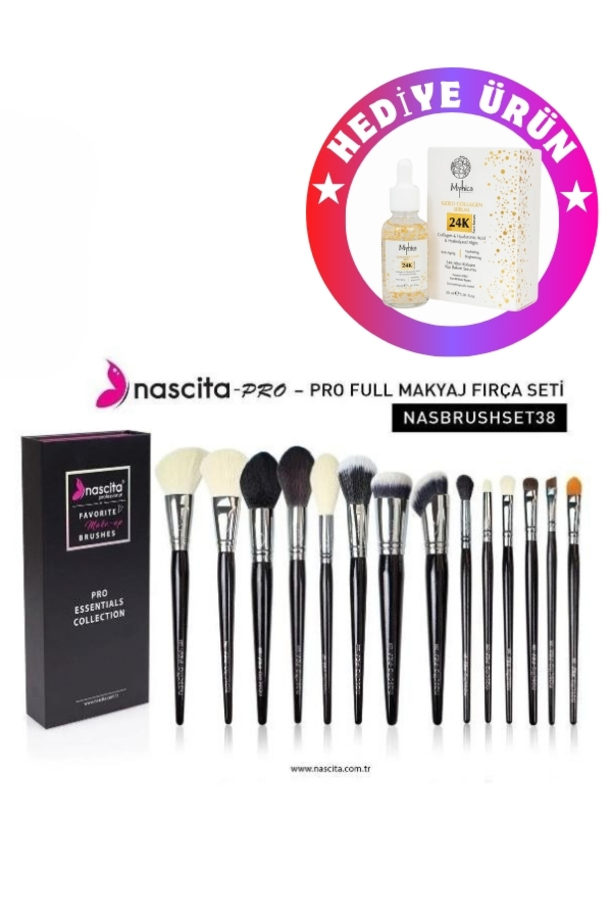 Nascita Pro Essentials Collection Fırça Seti 38 + 24K Altın Parçacıklı Kırışıklık Karşıtı Kolajen Serum 30 m