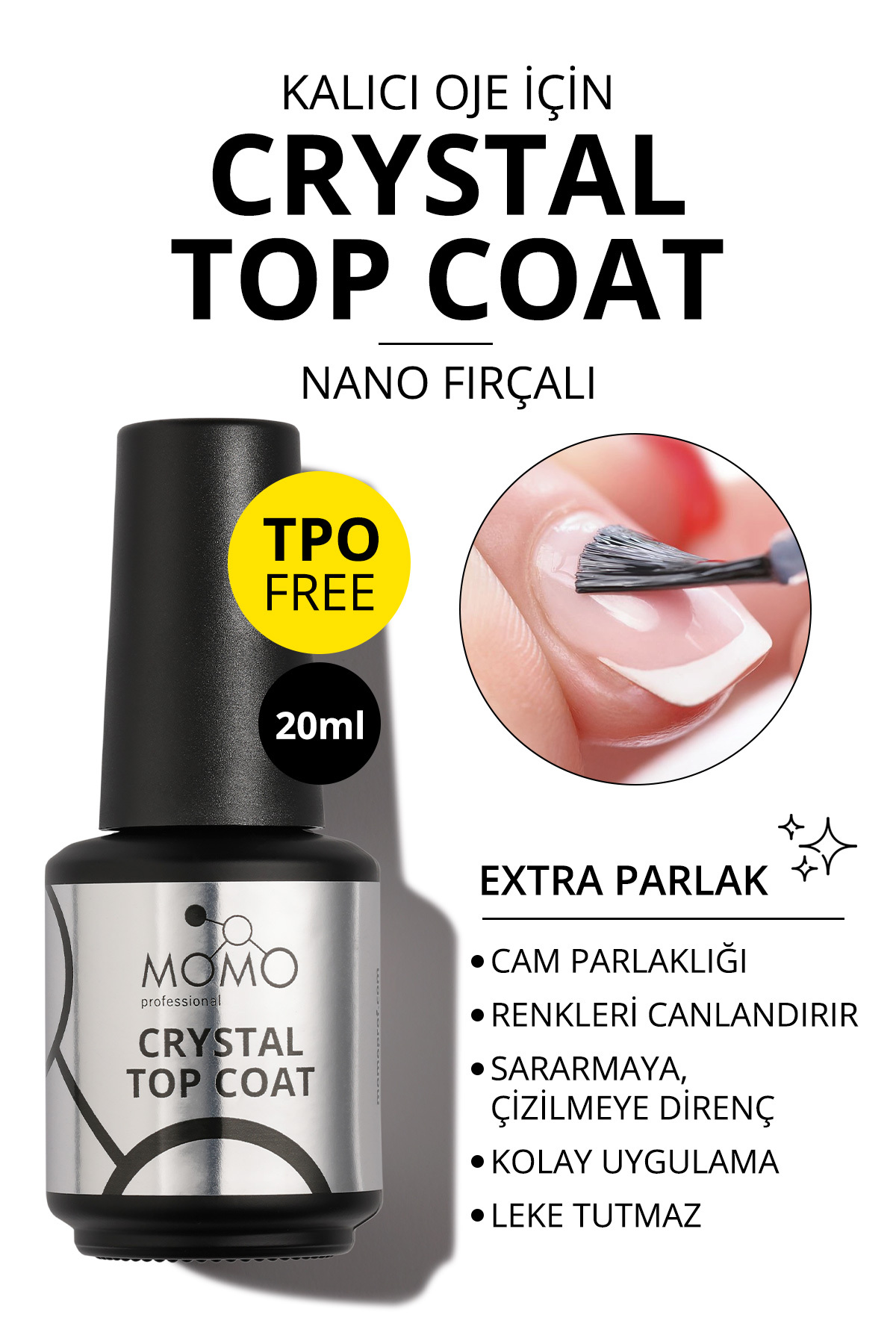 MOMO professional Kalıcı Oje İçin Crystal Top Coat, Nano Fırçalı, 20 ml