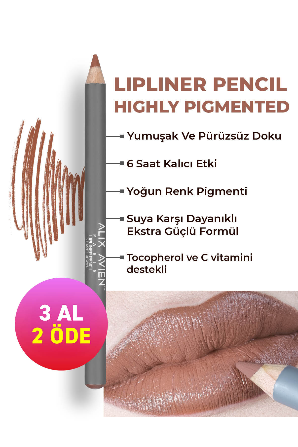 Alix Avien Uzun Süre Kalıcı Dağılma Yapmayan Nemlendirici Dudak Kalemi - Lipliner Pencil 06 Soft Brown
