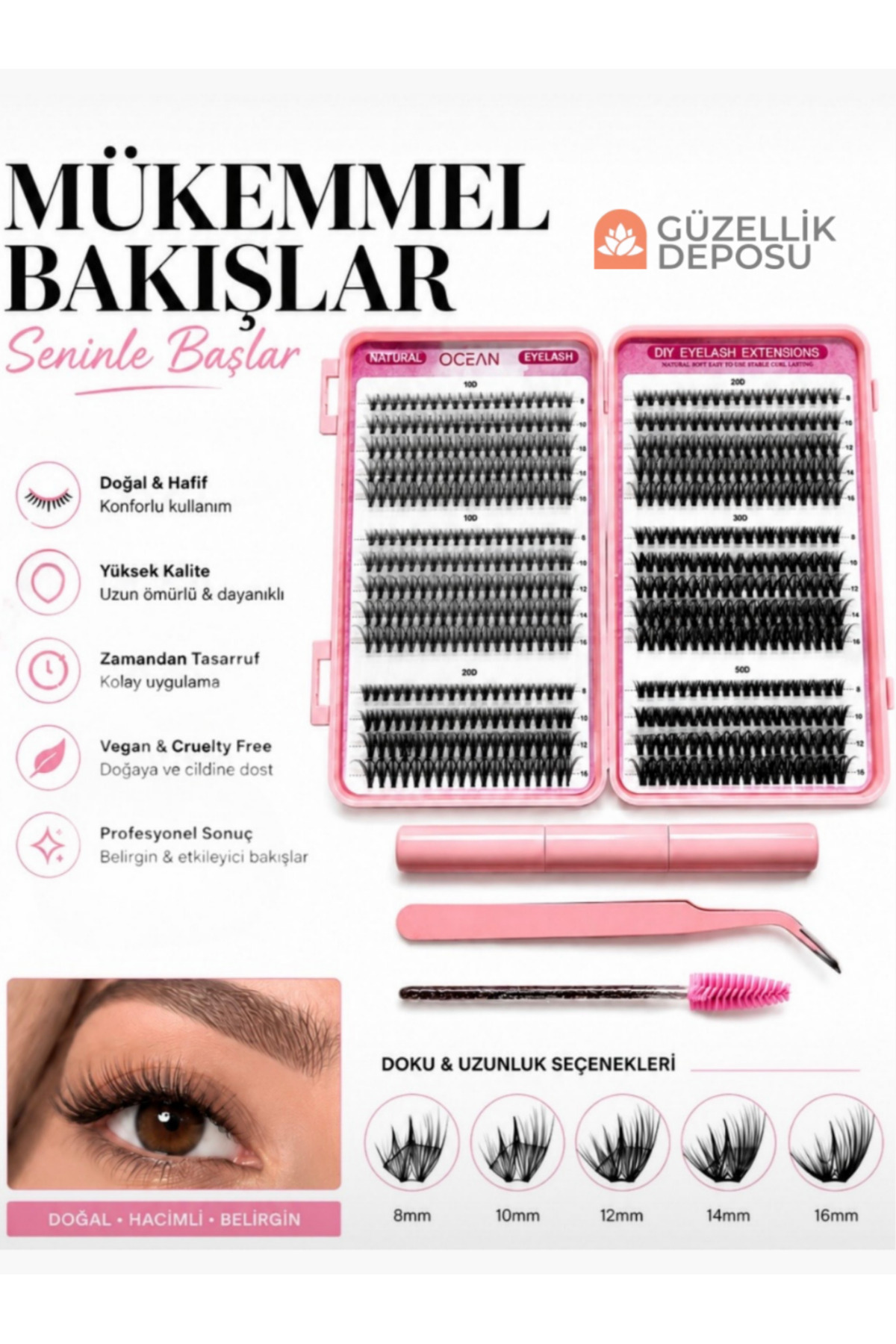 Güzellik Deposu Takma Kirpik Seti 580 Parça 30D/40D/50D/60D/80D/100D Komple Set - Görsel 3