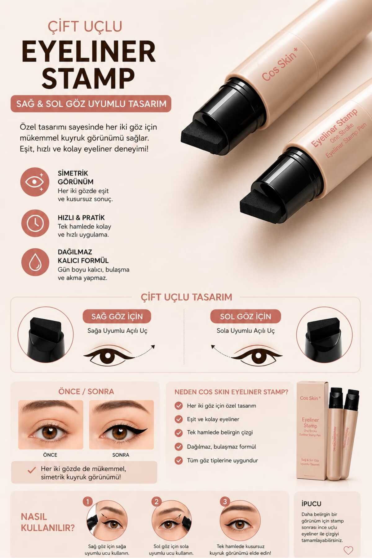 Pastelya KAHVERENGİ -Suya Dayanıklı Çift Taraflı Eyeliner Damga Kalem Sağ Ve Sol Göz Uyumlu - Görsel 3