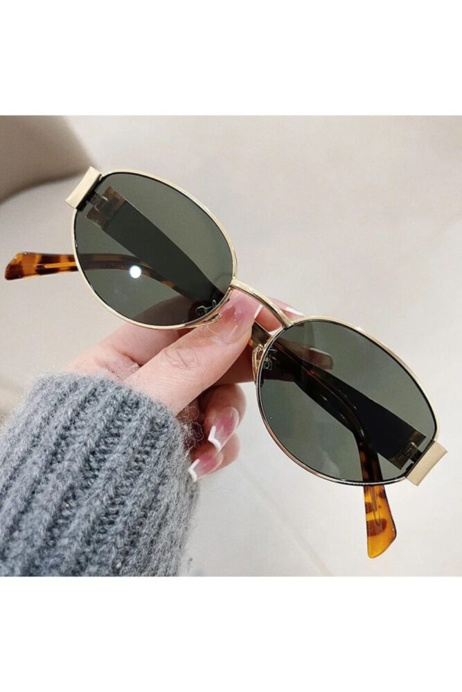 LOOKUP NEW Unisex Kadın Erkek Uv400 Korumalı Oval Yeşil Gold Leopar NyIon Cam Metal Güneş Gözlüğü - Görsel 2
