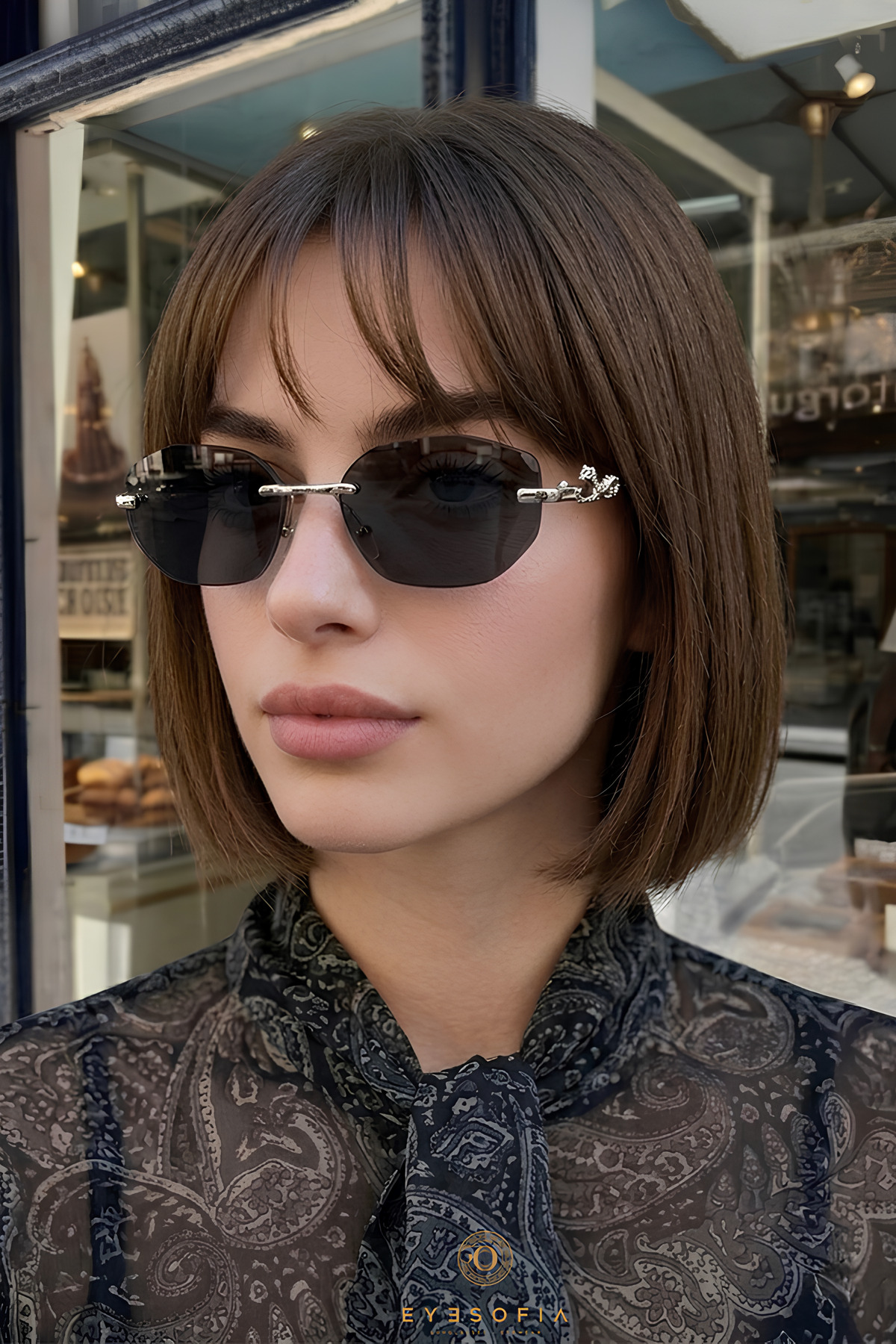 Eyesofia Jeweled Geometrik Gümüş Çerçeveli Ultra Hafif Siyah Kadın Güneş Gözlüğü