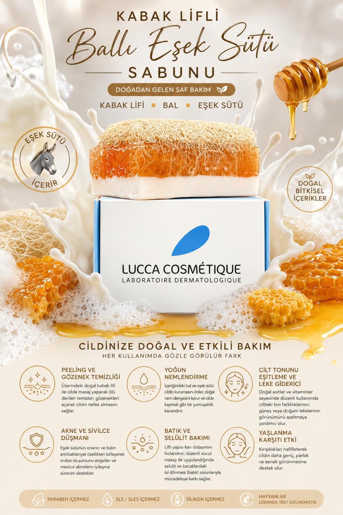 by gökhan ergün lucca cosmetique laboratoire derma Kabak Lifli Ballı Eşek Sütü Sabunu Doğal Peeling ve Cilt Bakım Sabunu 125 gr