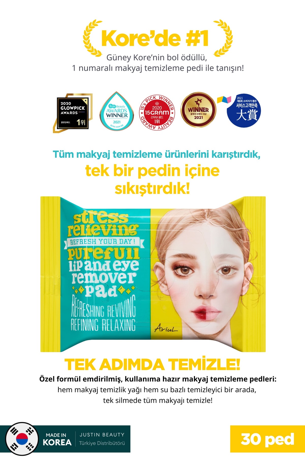 Ariul Stress Relieving Dudak ve Göz Makyaj Temizleme Pedi 30 Adet|Nemlendirici|Şakayık Kökü Özü