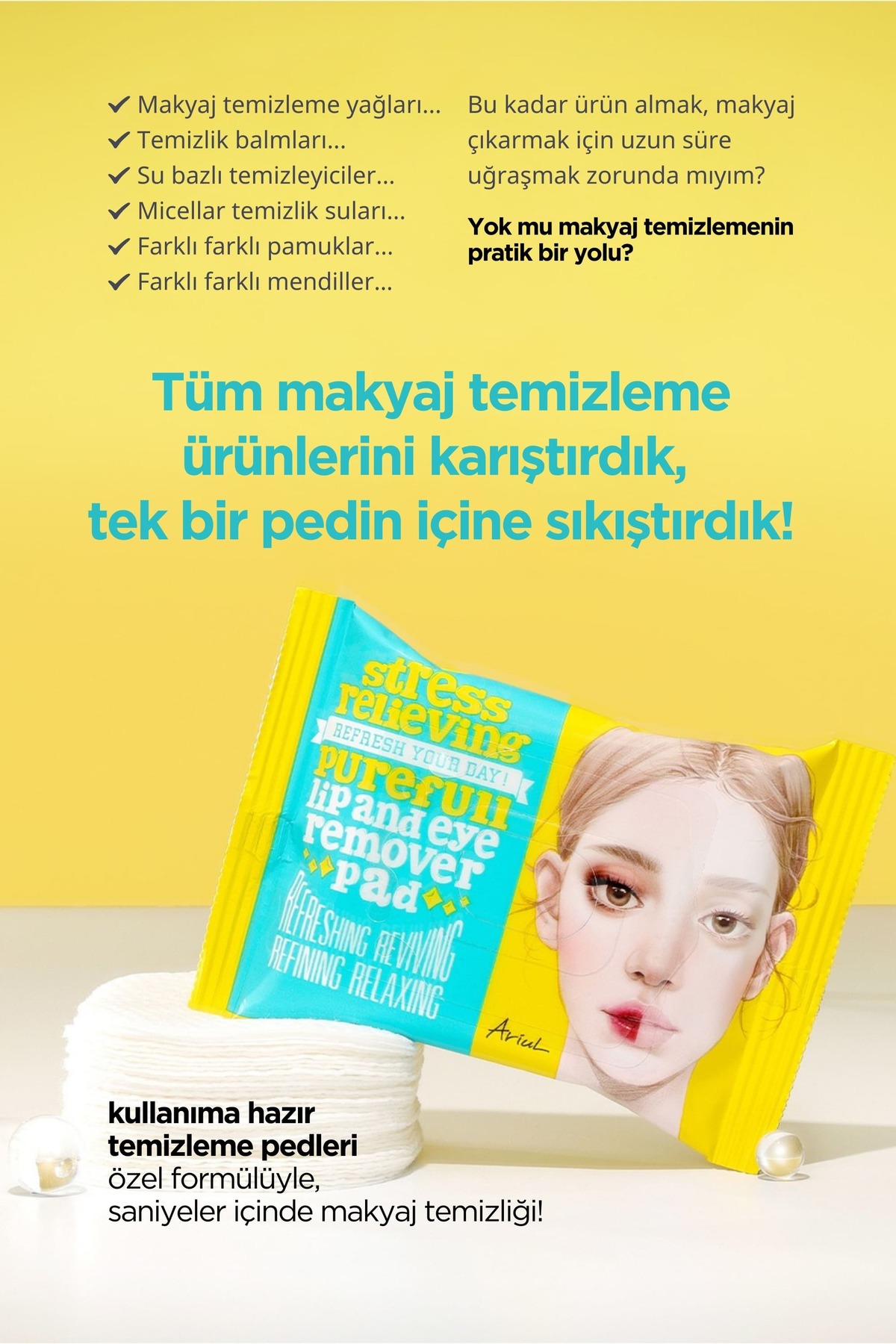 Ariul Stress Relieving Dudak ve Göz Makyaj Temizleme Pedi 30 Adet|Nemlendirici|Şakayık Kökü Özü - Görsel 3