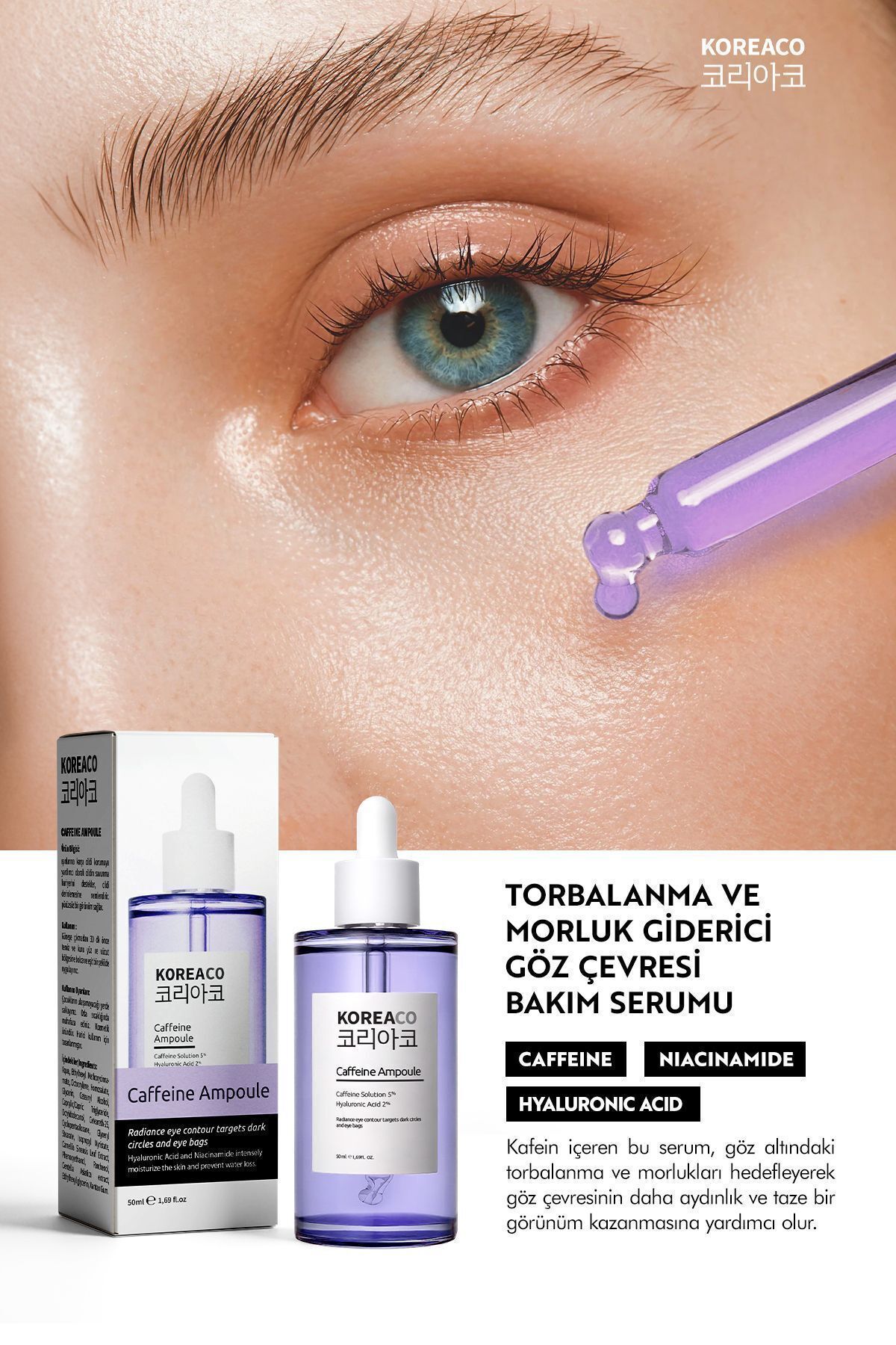KOREACO Gözaltı Morluk,Koyu Halka ve Torbalanma Karşıtı Caffeine Ampoule Serum 50 ml - Görsel 3