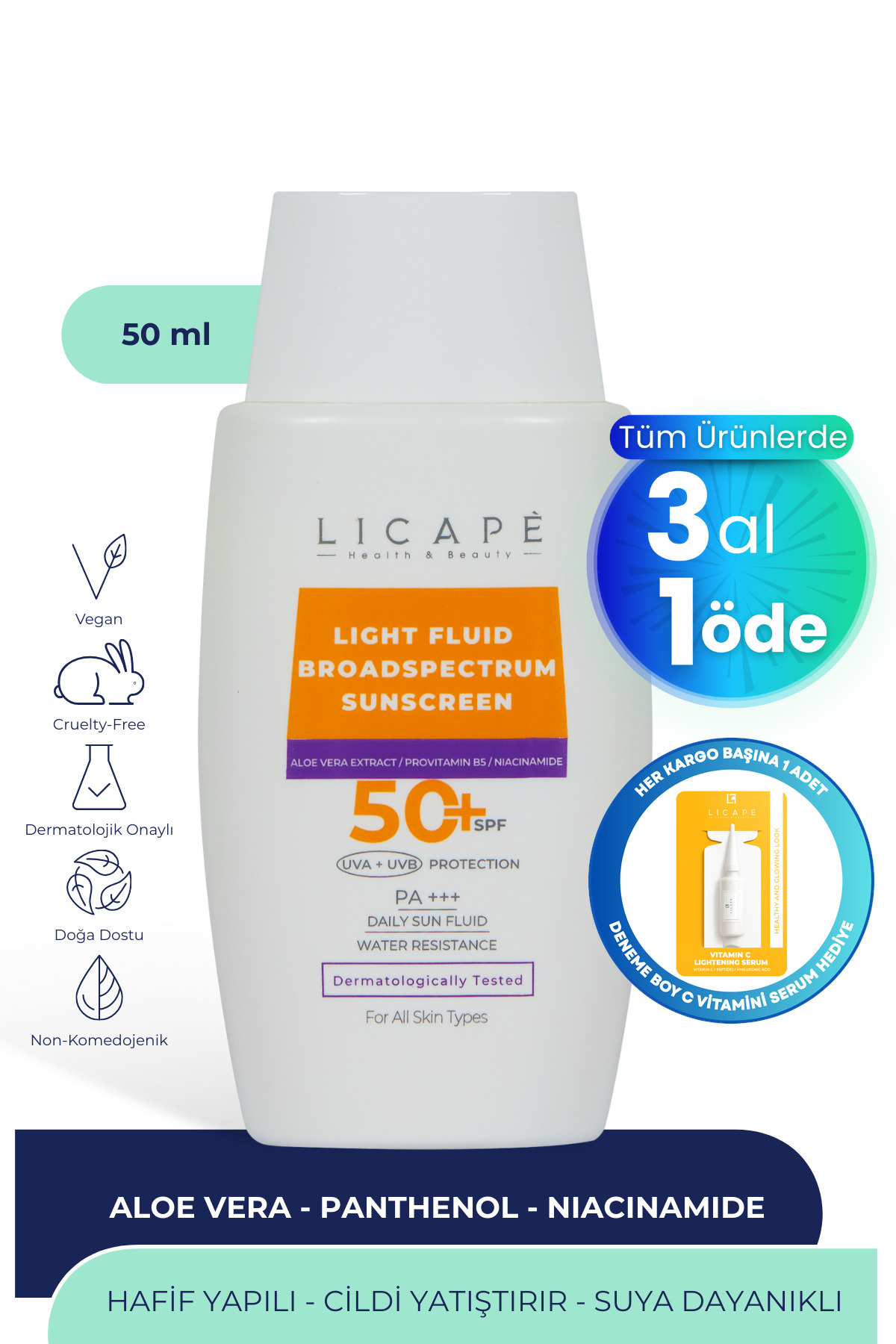 Licape Yüksek Koruma Suya Dayanıklı Tüm Cilt Tiplerine Uygun 50 Faktör Likit Güneş Kremi 50 ml