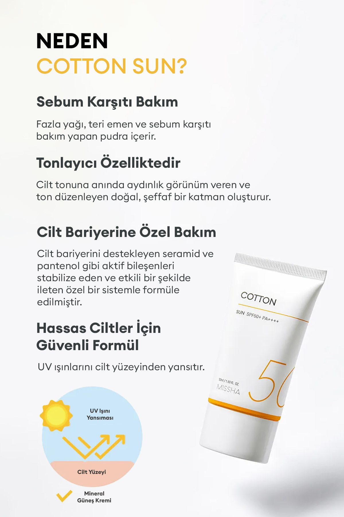 Missha Yağlanma Eğilimi Gösteren Ciltler İçin Mat Bitişli Güneş Kremi All Around Safe Block Cotton Sun - Görsel 3