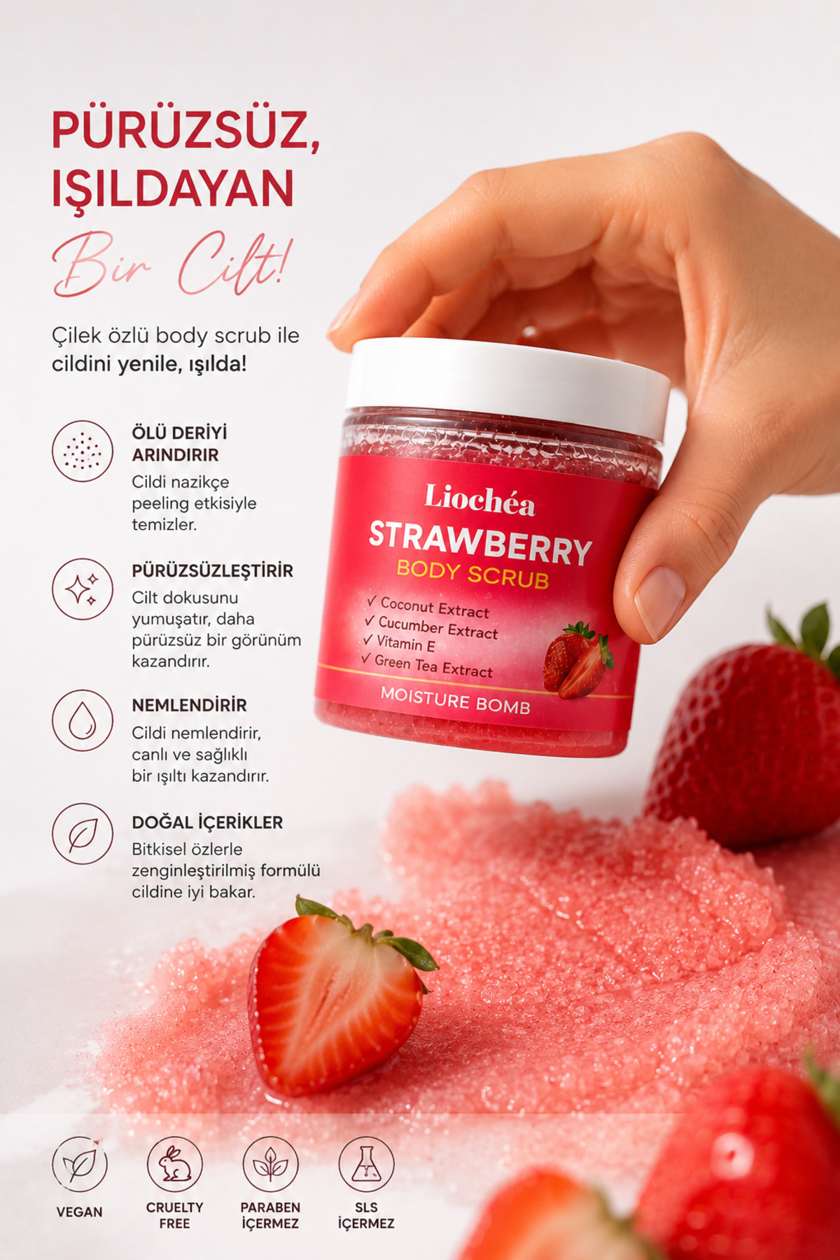 LİOCHEA Çilek Özlü Body Scrub Besleyici Arındırıcı Batık Karşıtı Yoğun Nemlendirici El- Vücut Peelingi 300 gr - Görsel 3