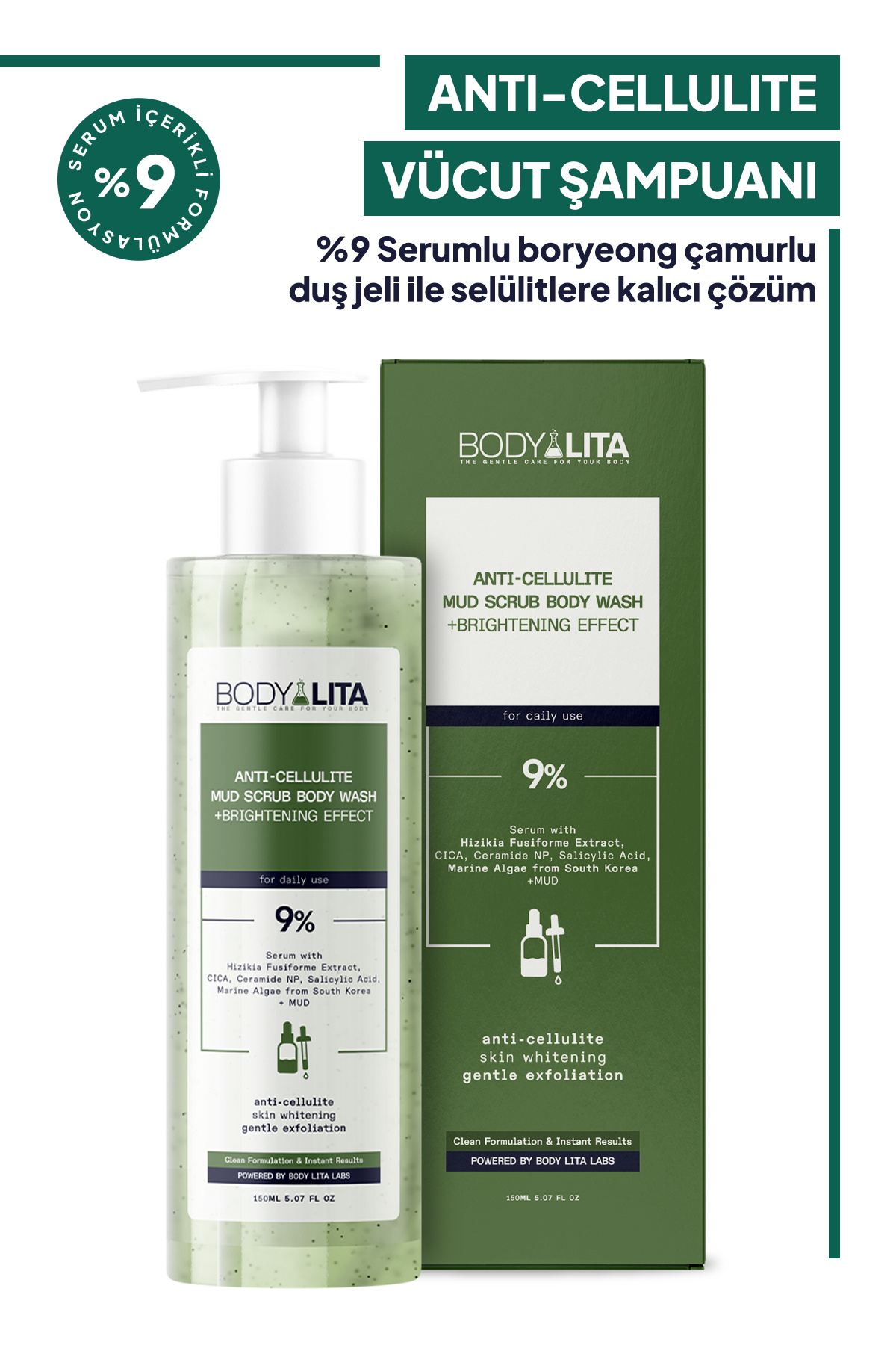 bodylita Anti Selülit Vücut Şampuanı Selülit ve Çatlak Karşıtı %9 Baryeong Çamurlu Duş Jeli
