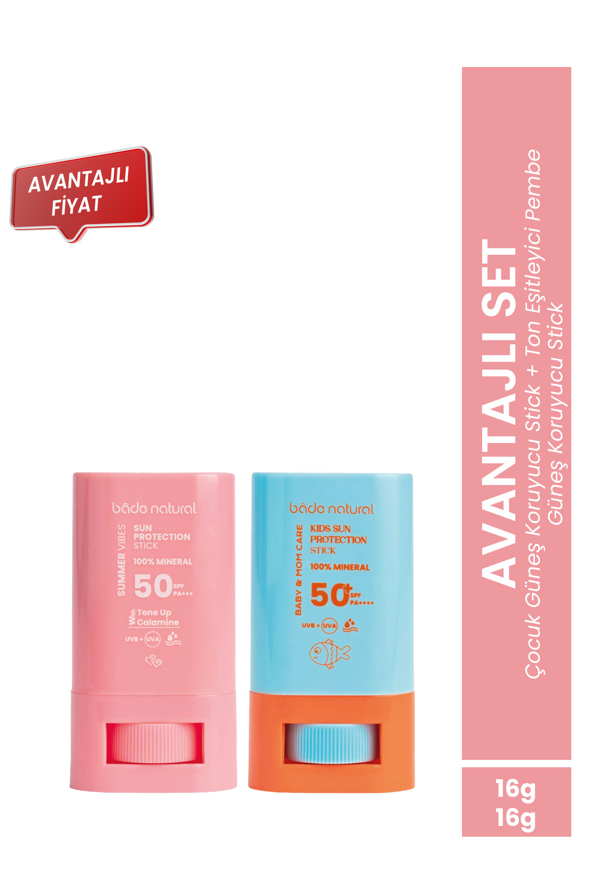 Bade Natural 50 SPF Ton Eşitleyici Pembe Güneş Koruyucu Stick 16g & 50 SPF Çocuk Güneş Koruyucu Stick 16g