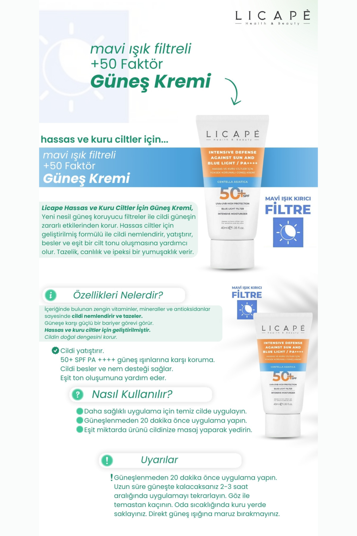 Licape Hassas Ve Kuru Ciltler İçin Yüksek Korumalı 50 Faktör Güneş Kremi 40ml - Görsel 3
