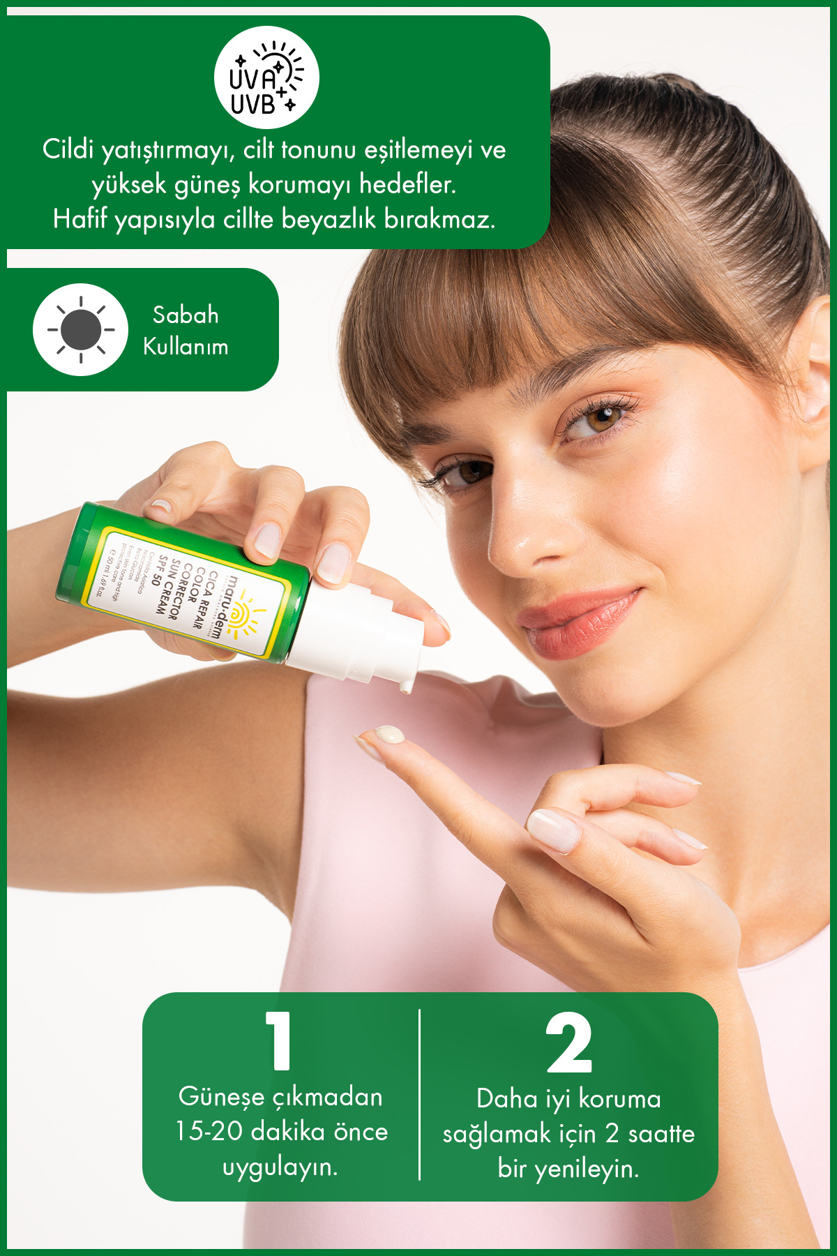 Maru.Derm Cica Cilt Tonu Eşitleyici Güneş Kremi SPF 50+ PA++++ 50 ML - Görsel 3
