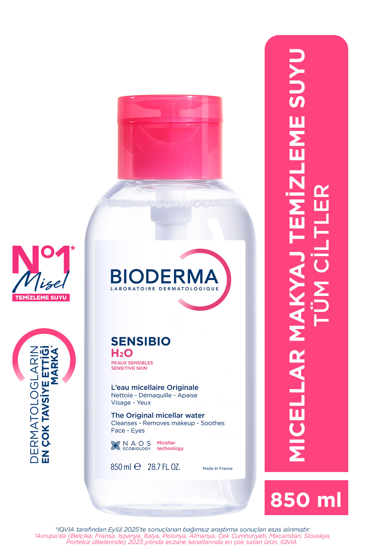 Bioderma Sensibio H2O Hassas ve Normal Ciltler için Micellar Arındırıcı Makyaj Temizleme Suyu 850 ML