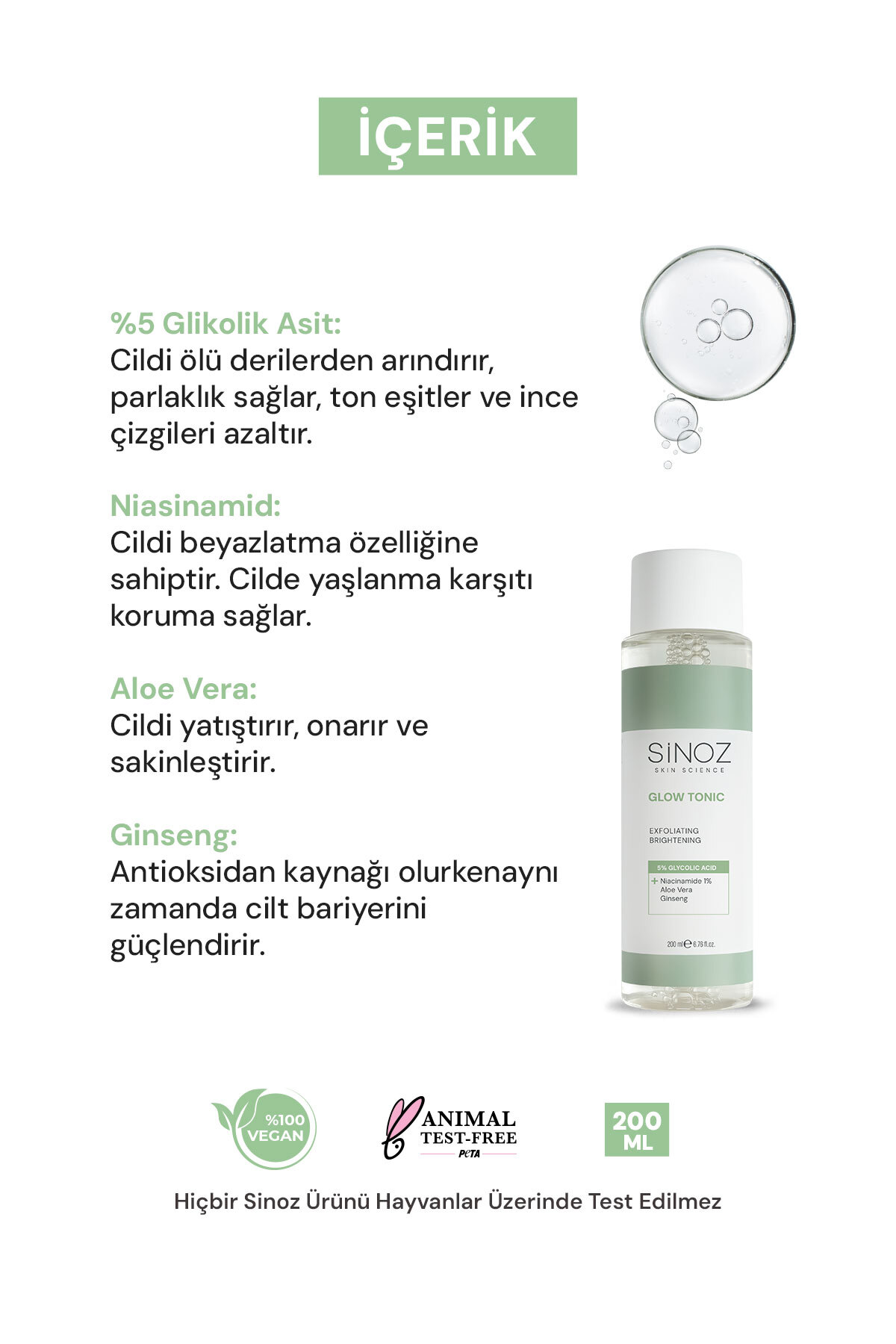 Sinoz Gözenek Sıkılaştırıcı Arındırıcı Canlandırıcı Peeling Etkili %5Glikolik Asit İçeren Glow Tonik 200ml - Görsel 3